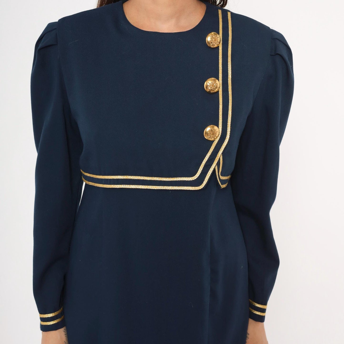 80s Jessica Howard Navy Dress Gold Braid Military Knee-Length Puff Sleeve Medium M