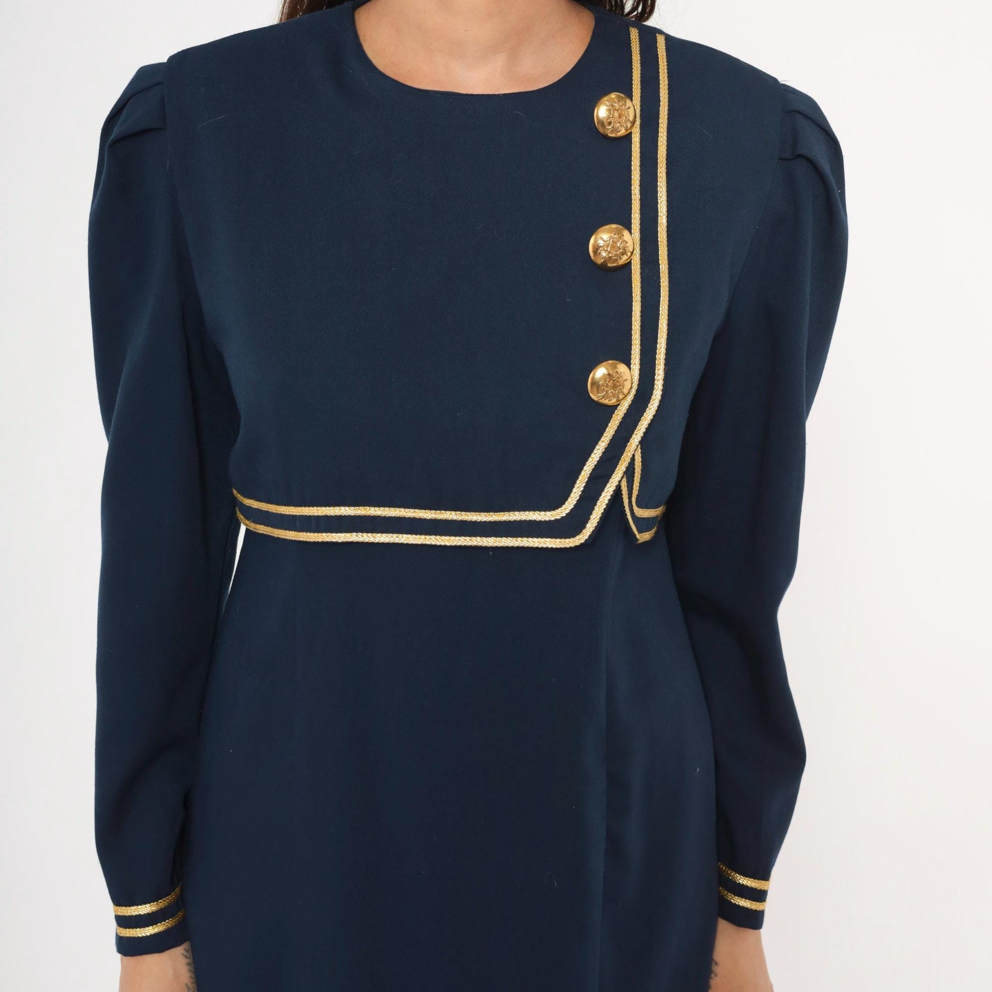 80s Jessica Howard Navy Dress Gold Braid Military Knee-Length Puff Sleeve Medium M