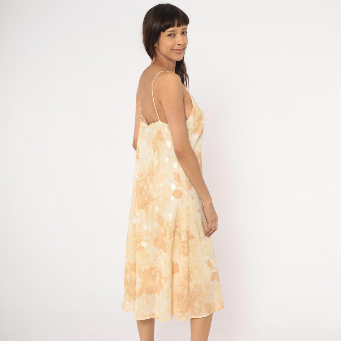 00s Dress-U-Ii Gold Floral Slip Dress Midi Cream Rose Print Spaghetti Strap Large L