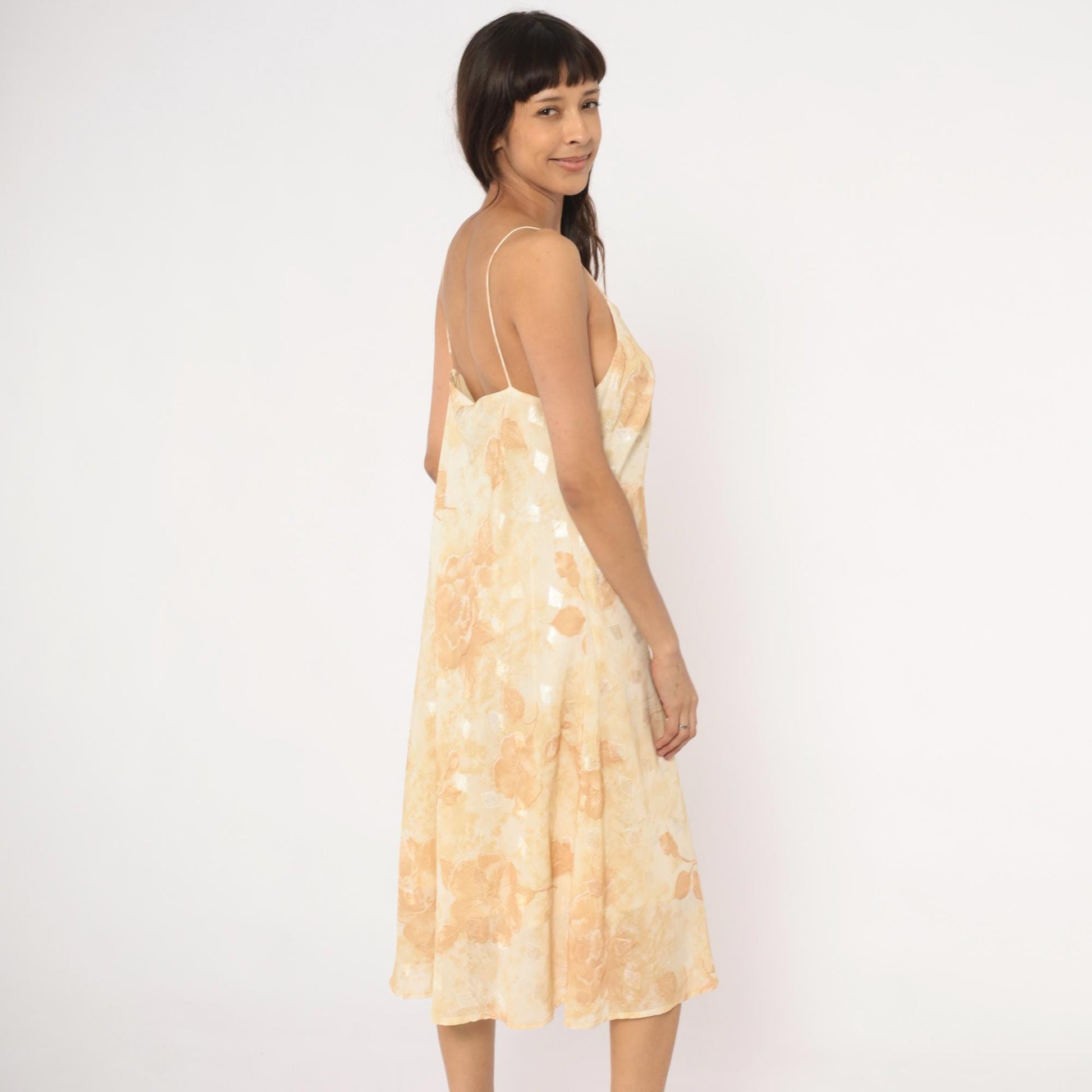 00s Dress-U-Ii Gold Floral Slip Dress Midi Cream Rose Print Spaghetti Strap Large L