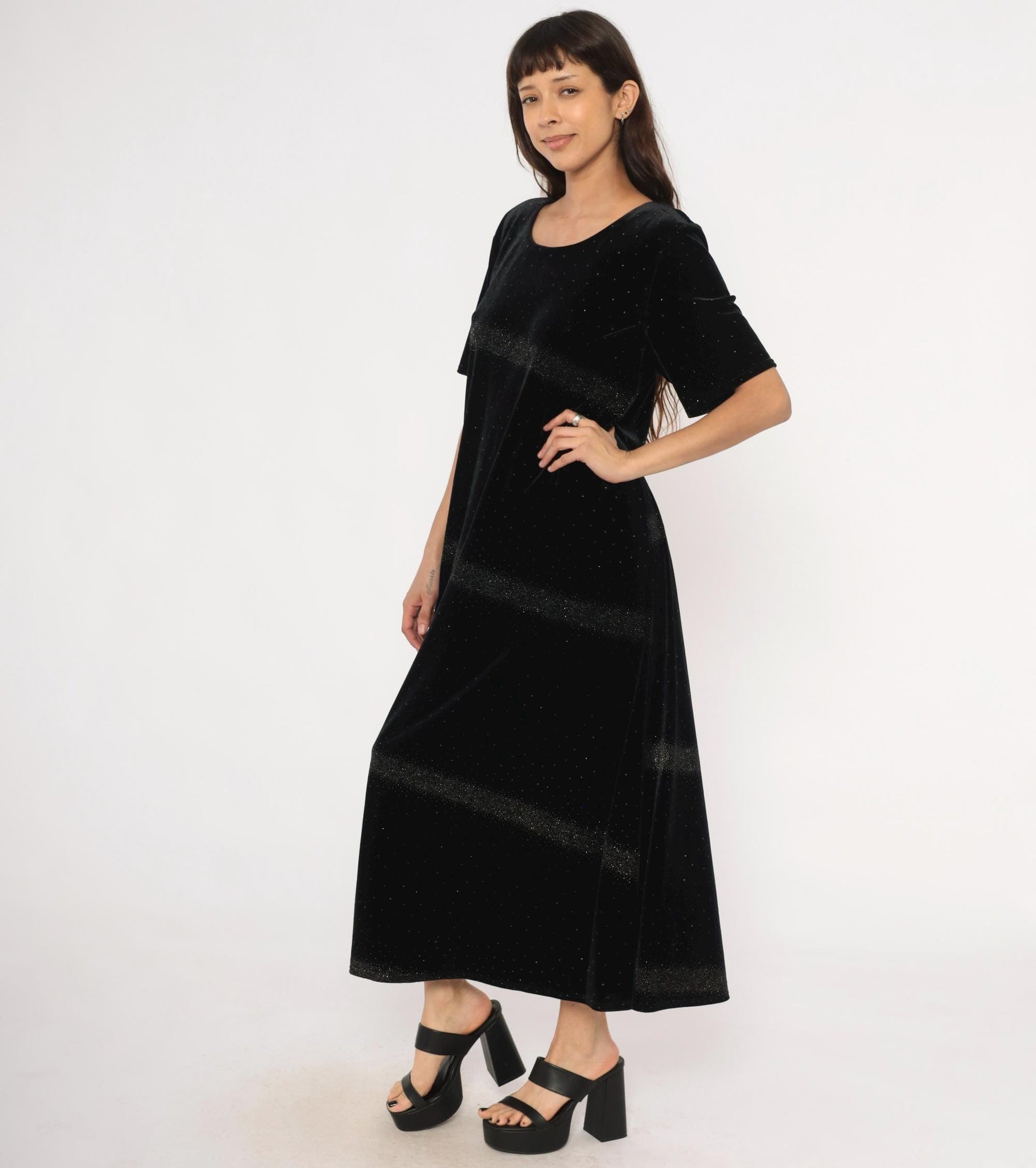 90s Jessica Howard Black Velvet Maxi Dress Glitter Scoop Neck Short Sleeve Large L