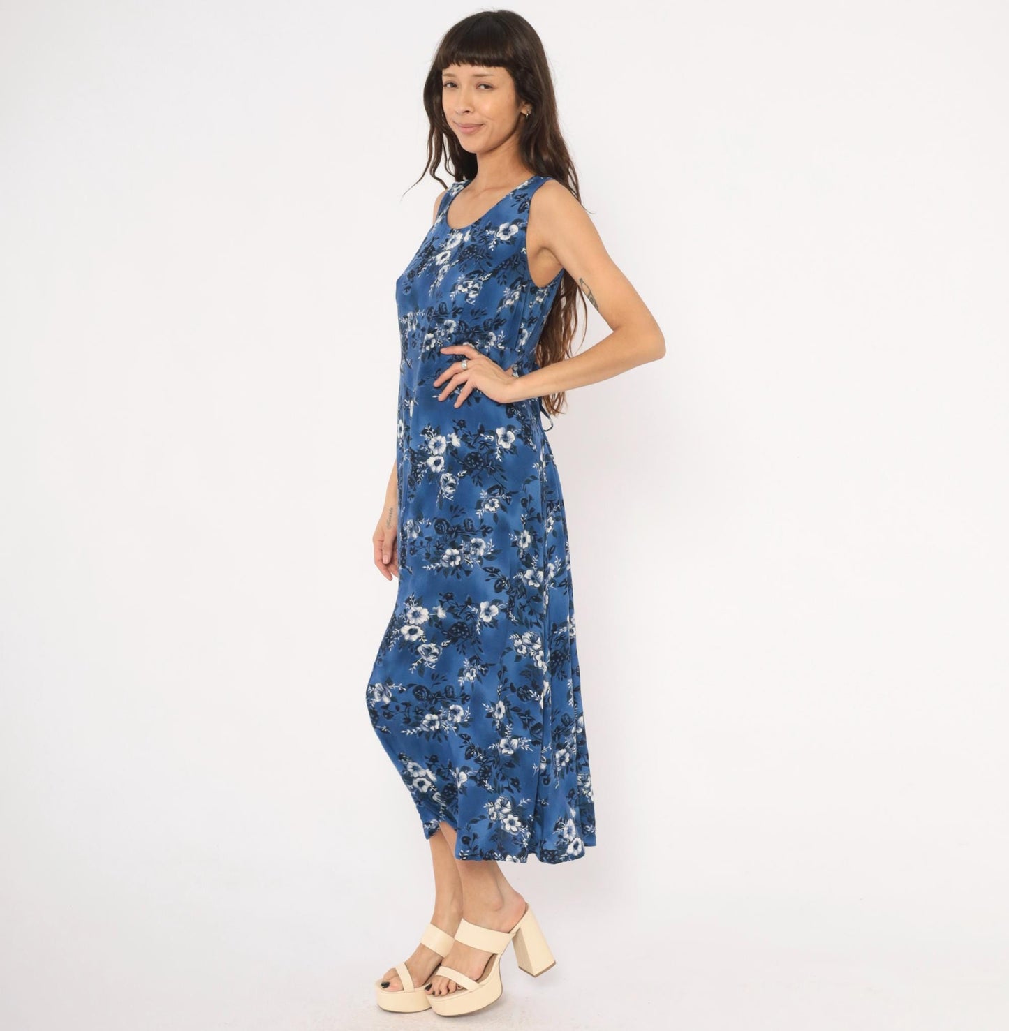 90s Molly Malloy Blue Floral Maxi Dress Sleeveless A-Line Small