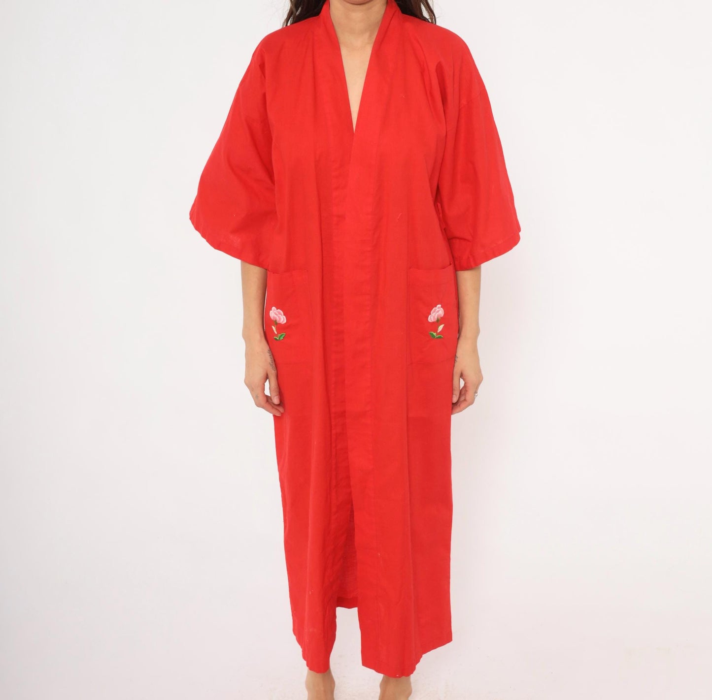 90s Peacock Red Kimono Robe Embroidered Floral Cotton Maxi Unisex Small