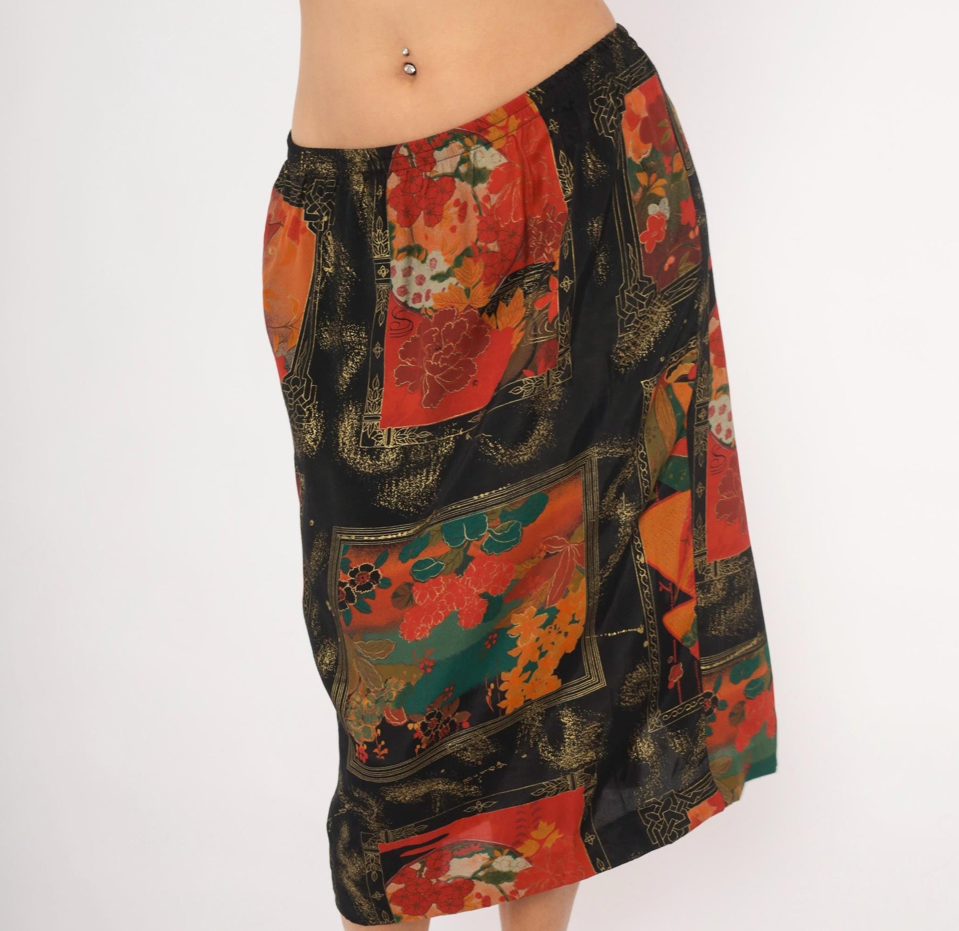80s Japanese Floral Pencil Skirt Black Red Teal Gold Peonies Midi Medium Large