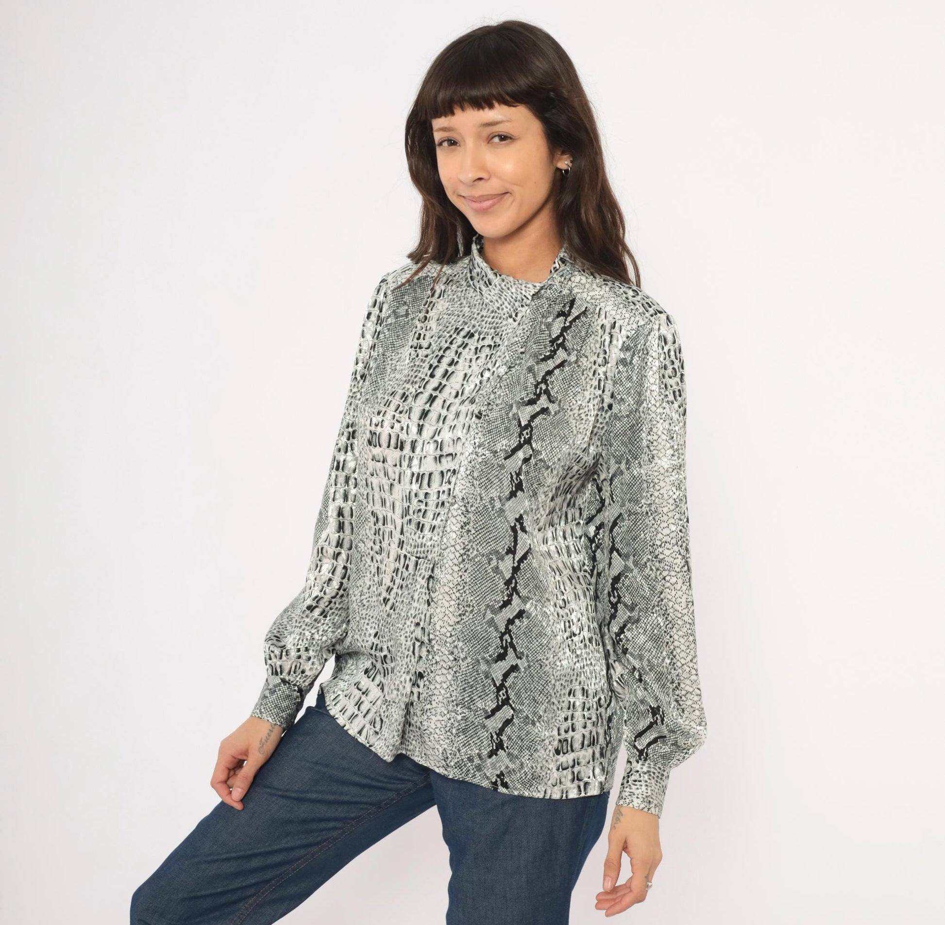 90s Tess Snakeskin Print Blouse Silver Grey Python Reptile Medium M
