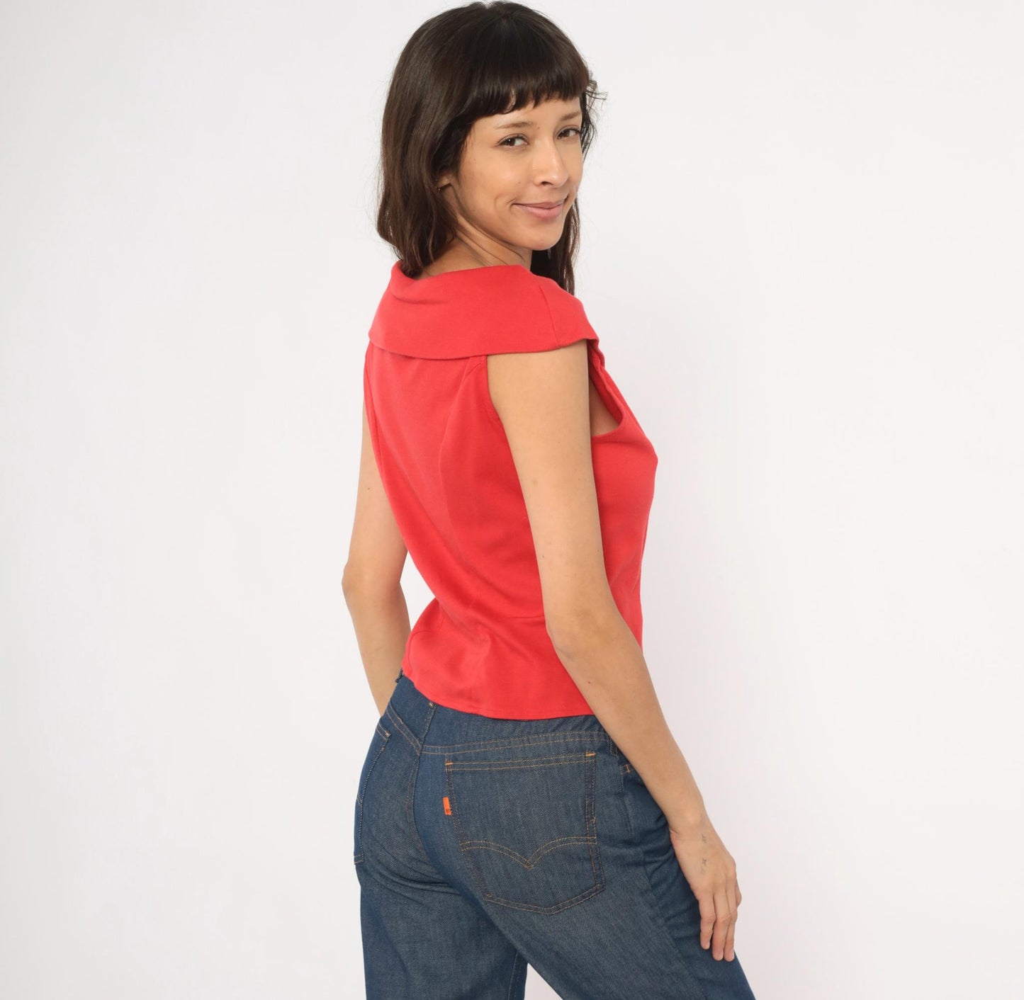 90s Dirty Dancing Red Button Front Blouse Cowl Neck Cap Sleeve Fitted Large L