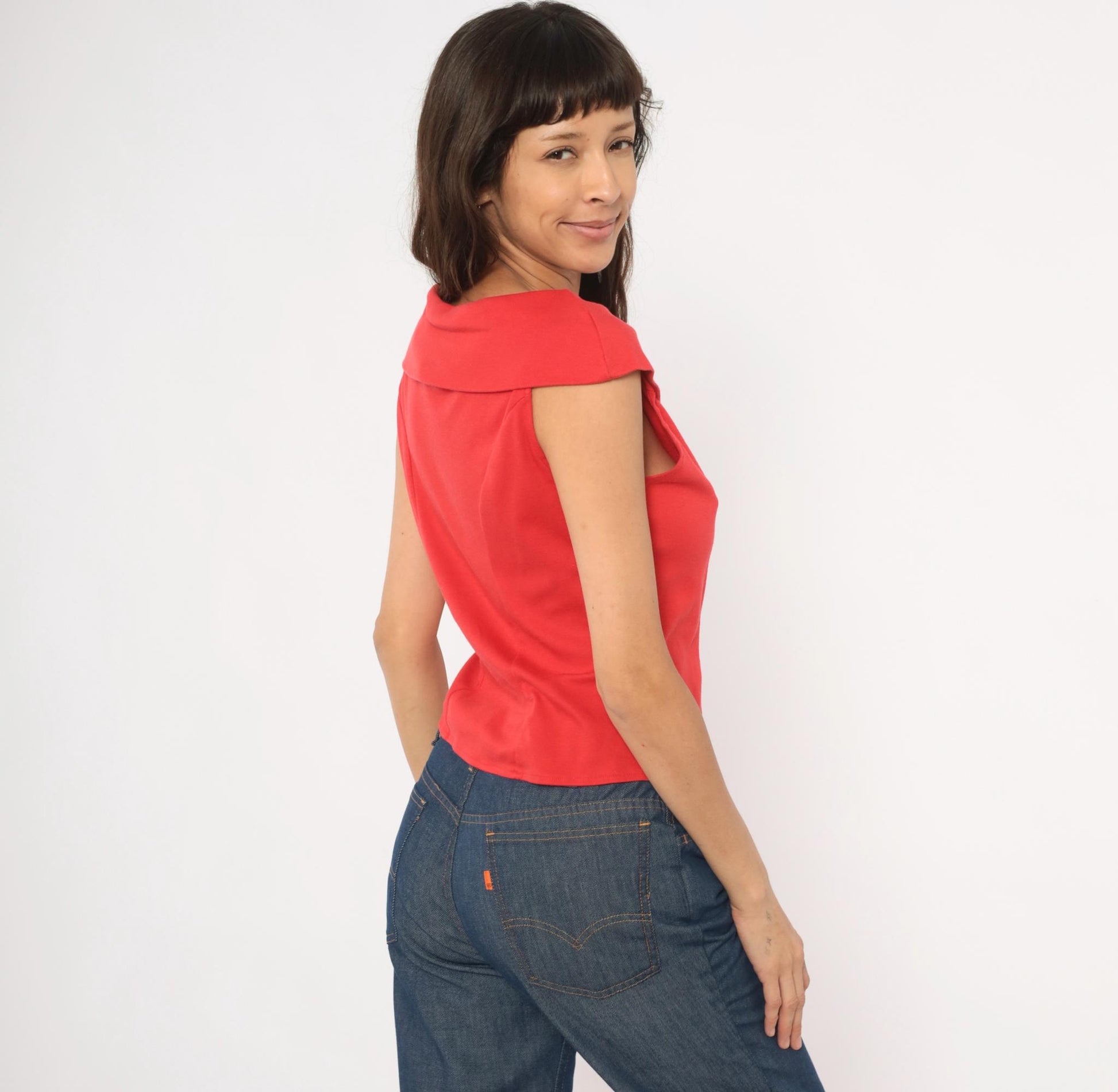 90s Dirty Dancing Red Button Front Blouse Cowl Neck Cap Sleeve Fitted Large L