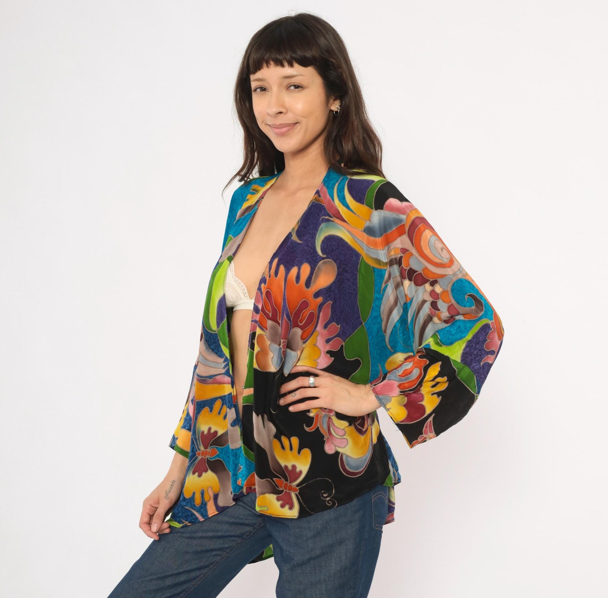 2000s Deeva Silk Kimono Jacket Multicolor Bird Floral Abstract One Size