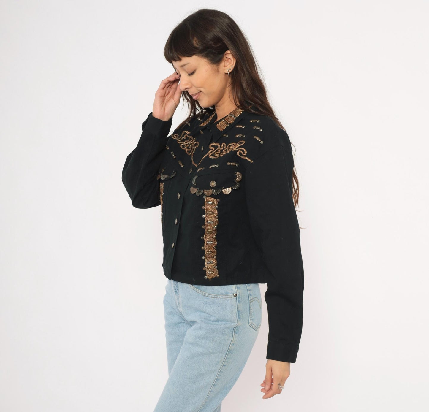 90s Styleworks Black Denim Jacket Gold Coin Charm Embroidered Cropped Large L