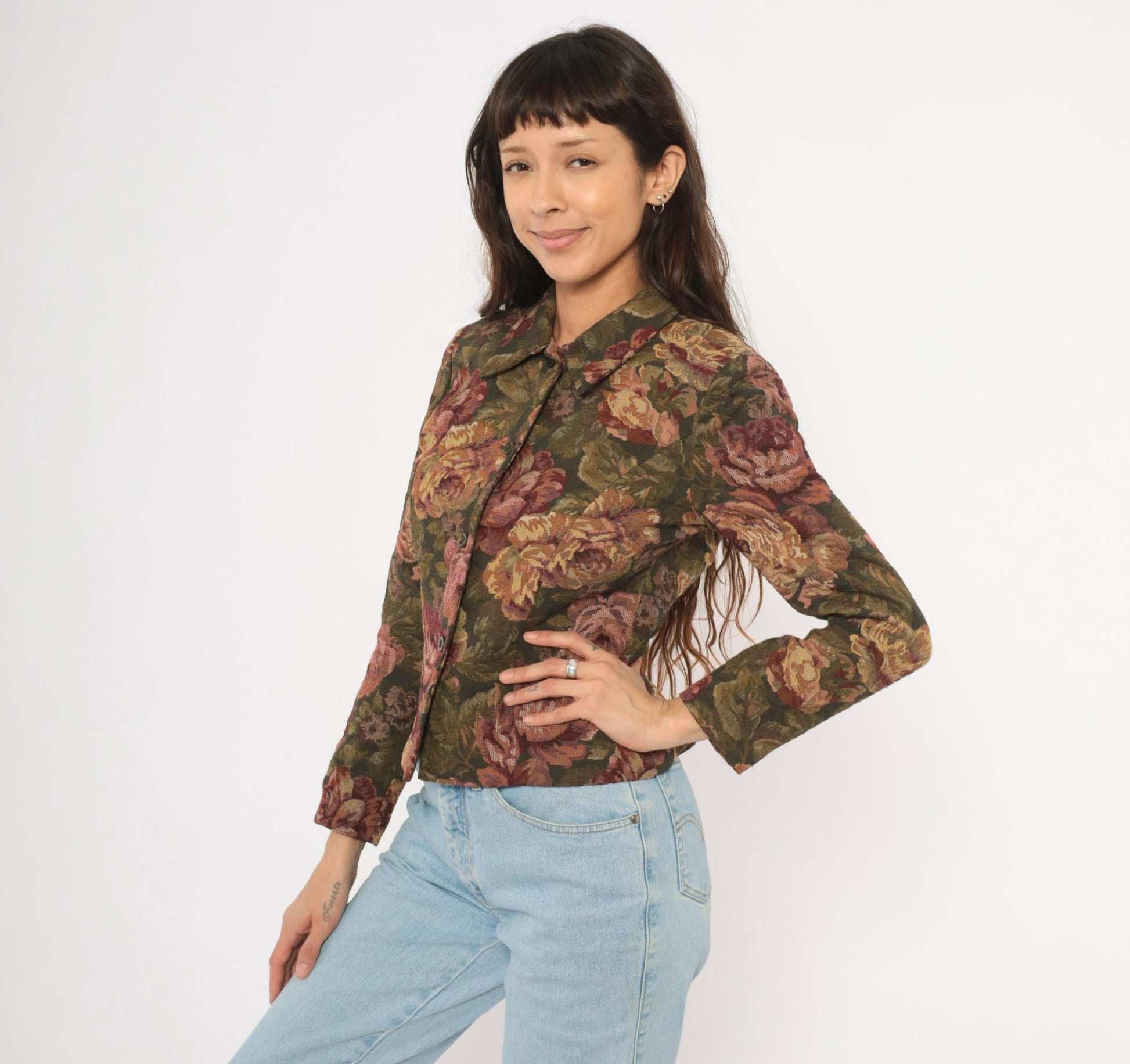 90s Jessica Howard Floral Tapestry Blazer Olive Burgundy Fitted XS