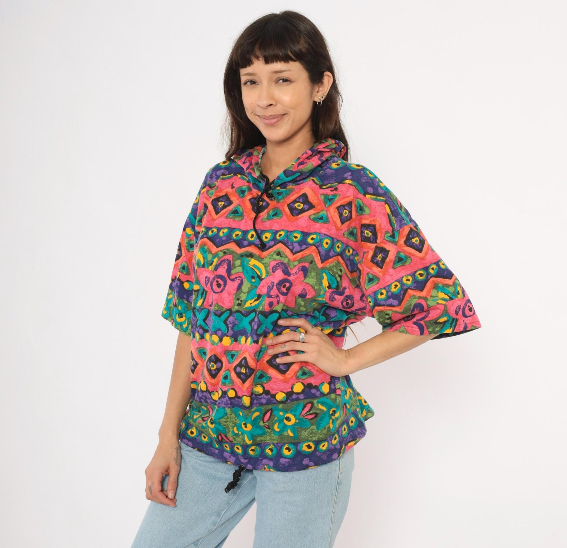 90s Lady John Tribal Hoodie Pink Teal Purple Geometric Floral Pullover One Size