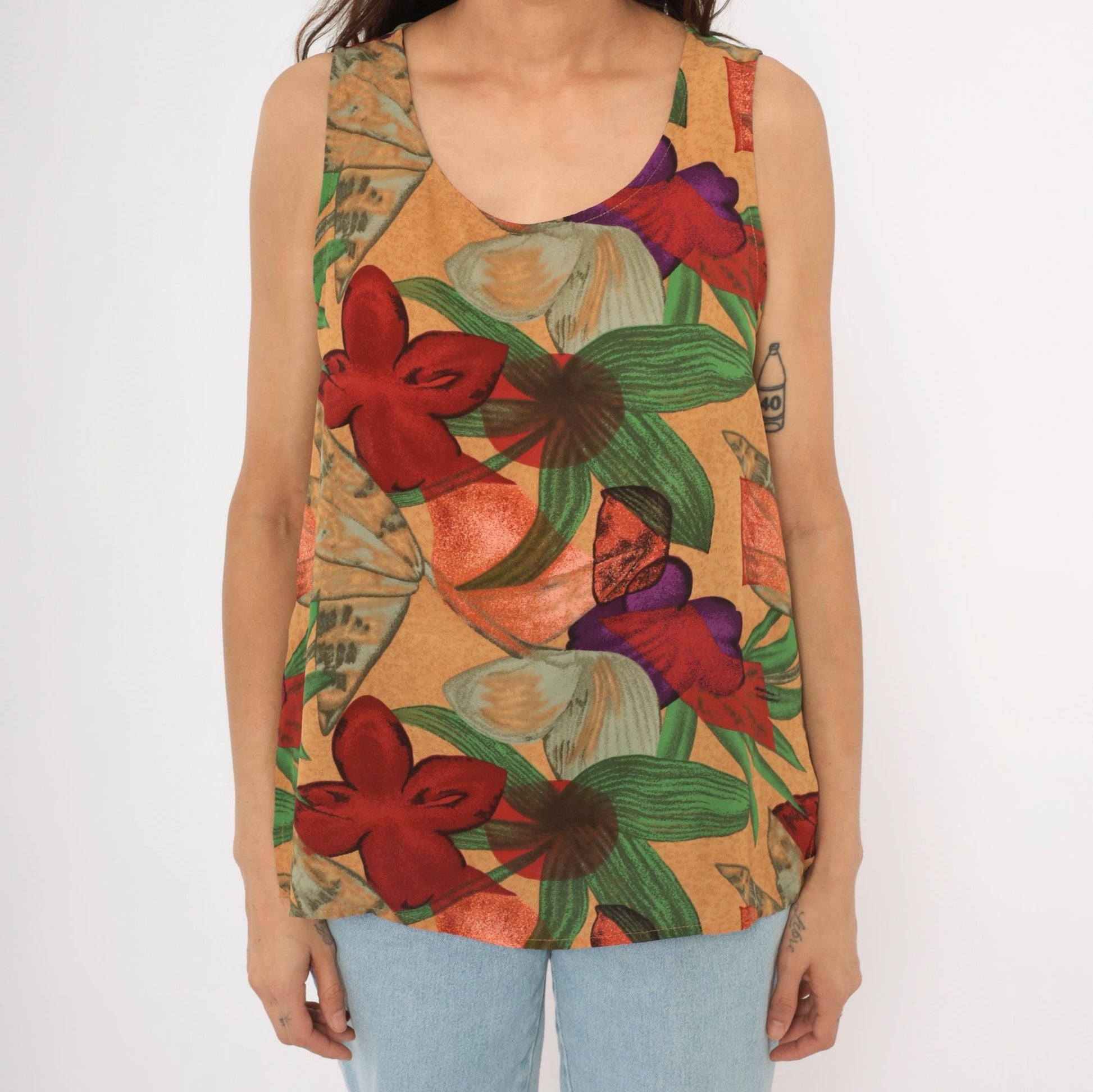 90s Halston Floral Tank Top Tropical Print Sand Medium Large