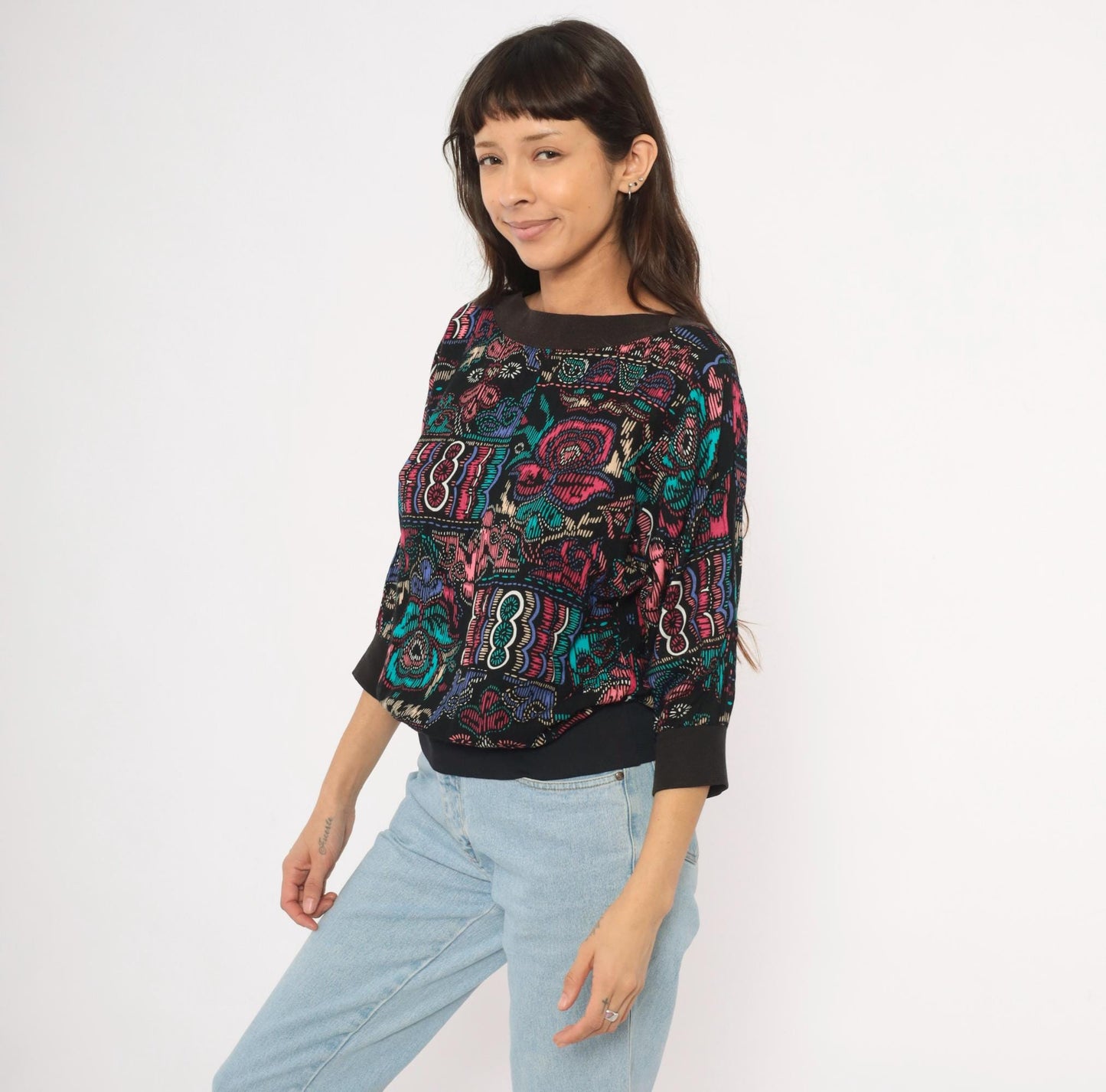 90s Abstract Pullover Blouse Boat Neck Teal Pink Black Graphic Medium M