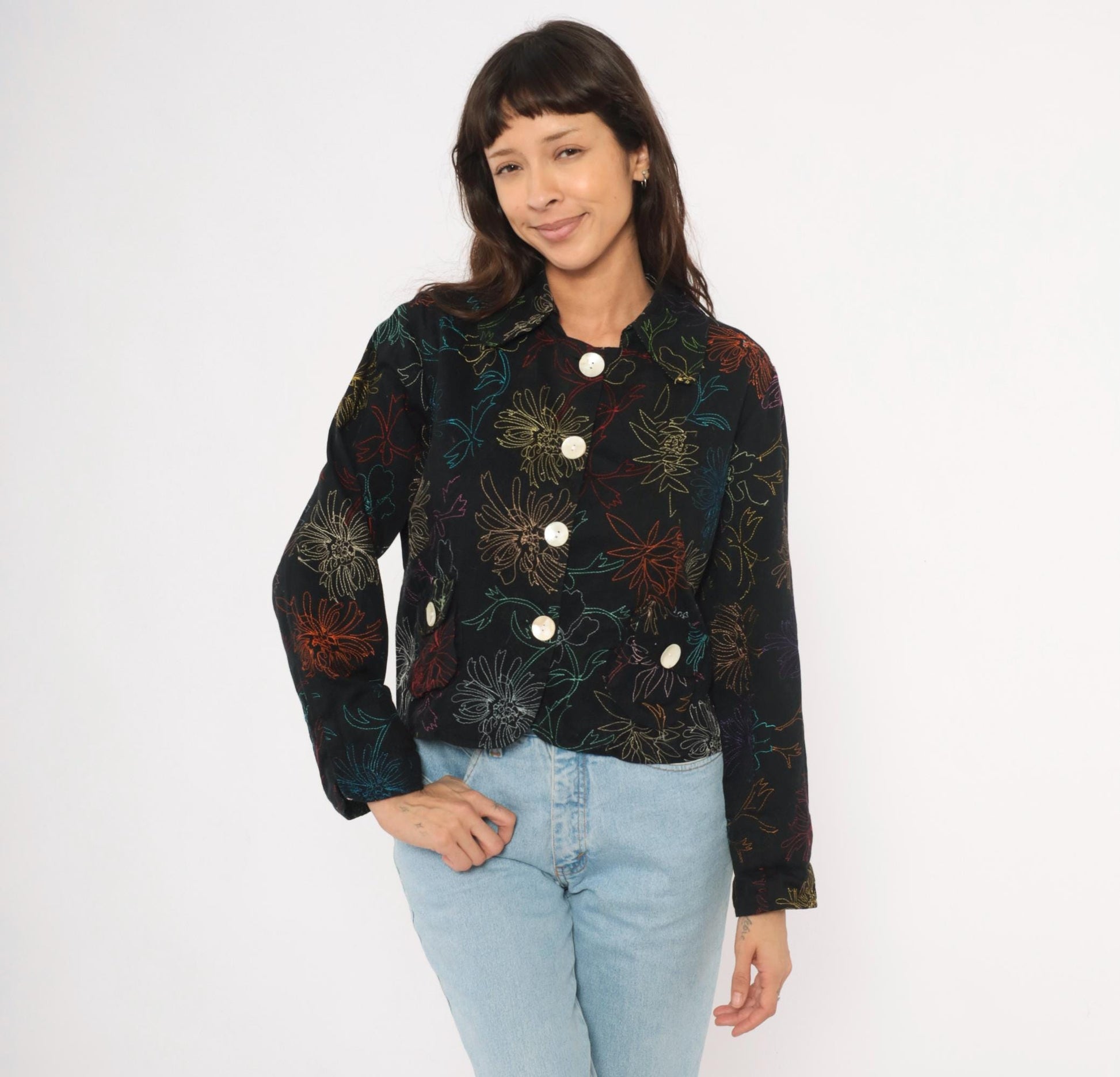 2000s Alex Kim Black Cropped Jacket Multicolor Floral Embroidery Large L