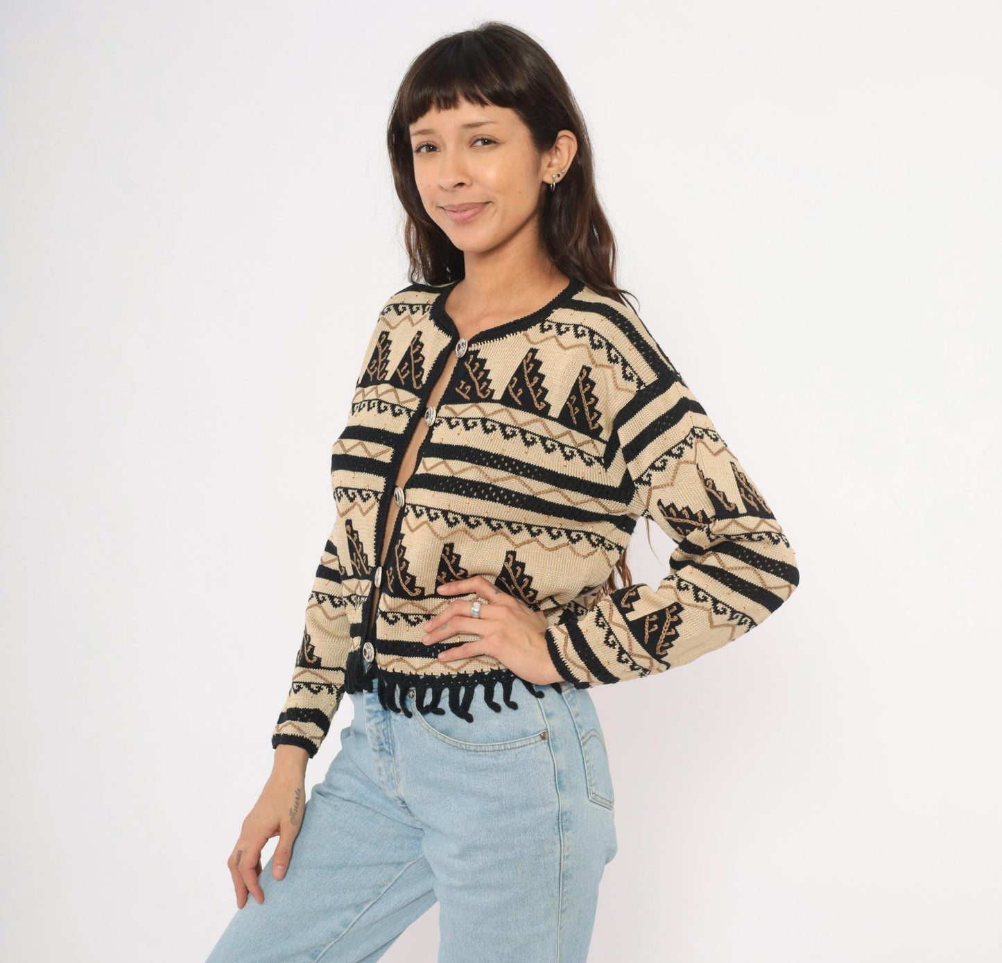 2000s Peruvian Connection Cardigan Cream Black Geometric Fringe Pima Cotton Medium M