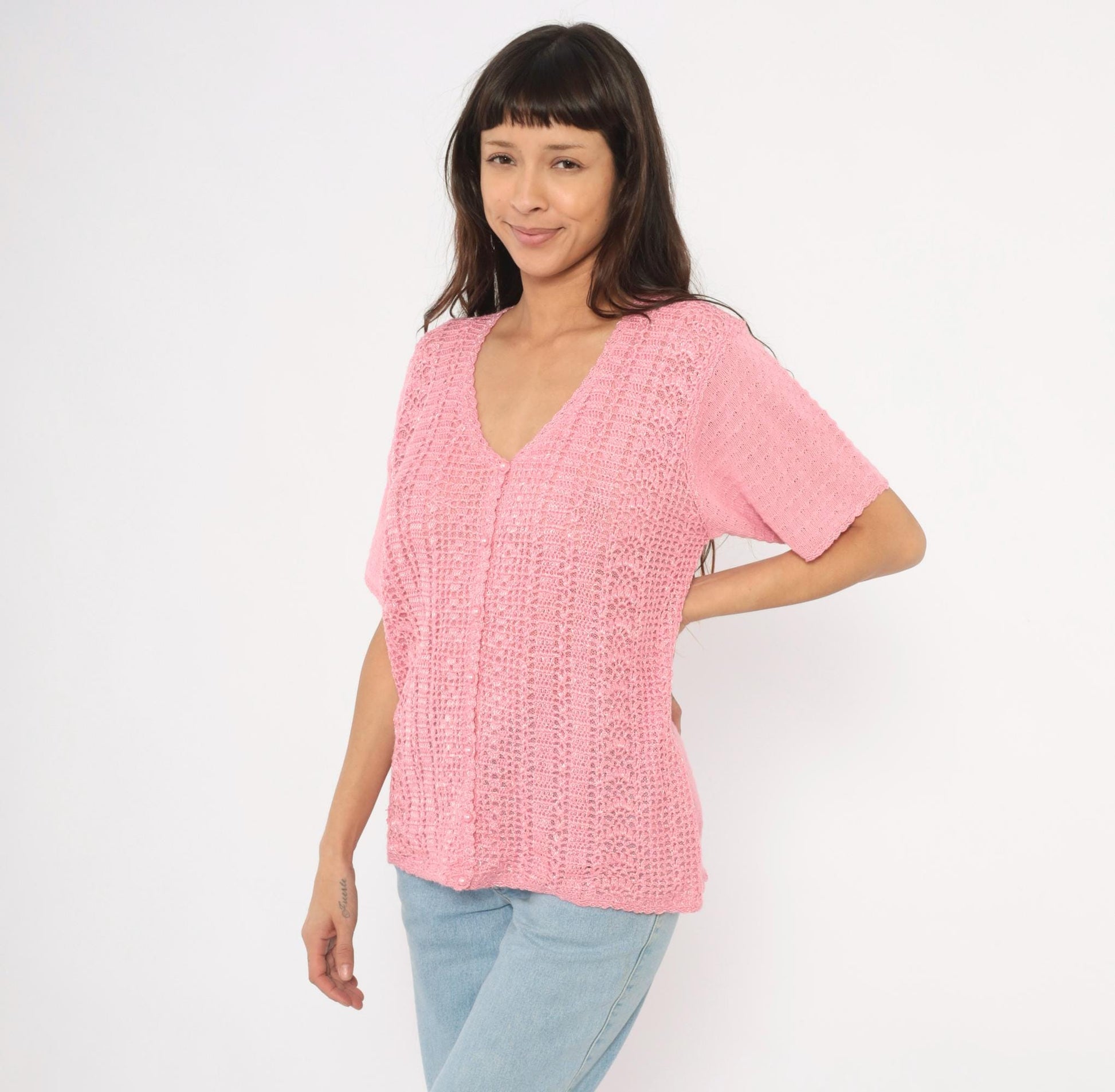 90s Jaclyn Smith Pink Crochet Cardigan V-Neck Scalloped Hem Large L