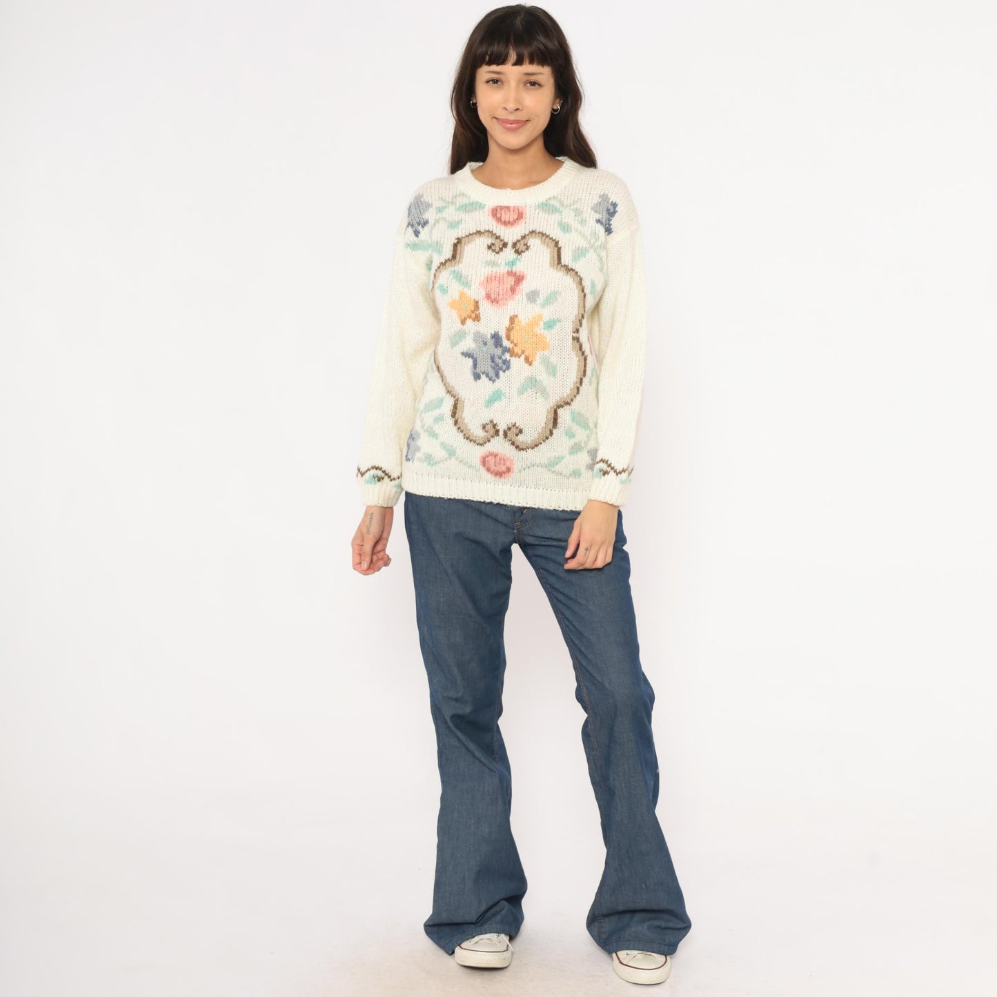80s Partners by Mervyns Floral Intarsia Knit Crewneck Cream Pink Small