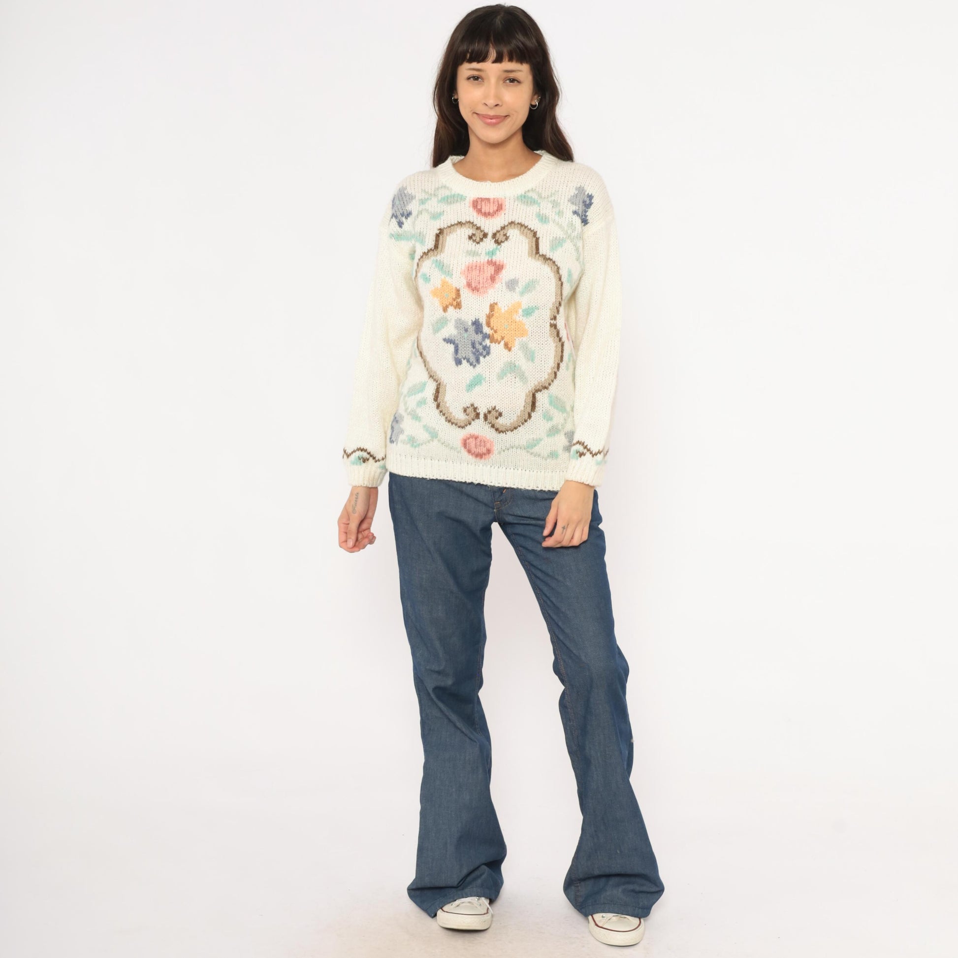 80s Partners by Mervyns Floral Intarsia Knit Crewneck Cream Pink Small