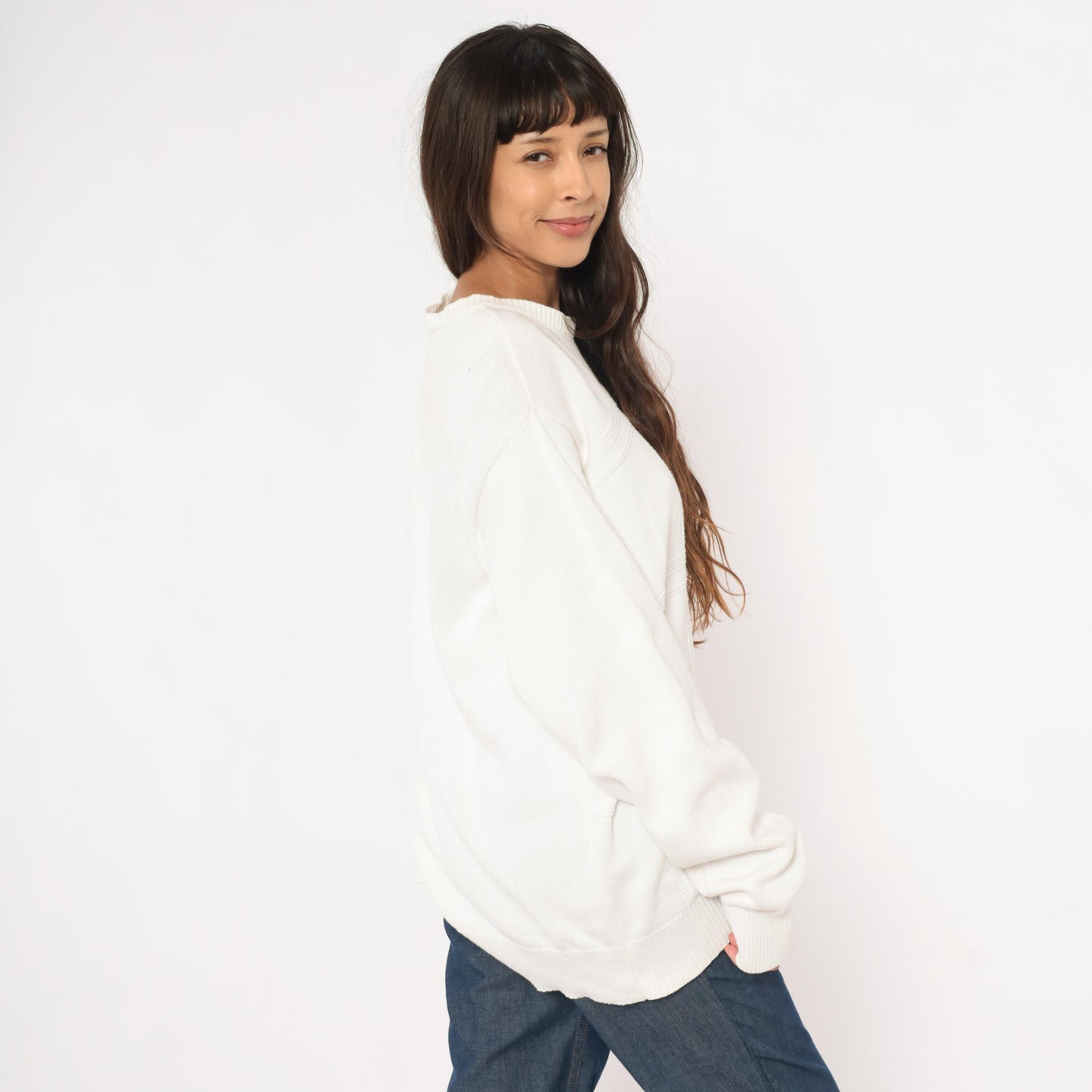90s Izod Cotton Crewneck Sweater White Windowpane Grid Knit Large L