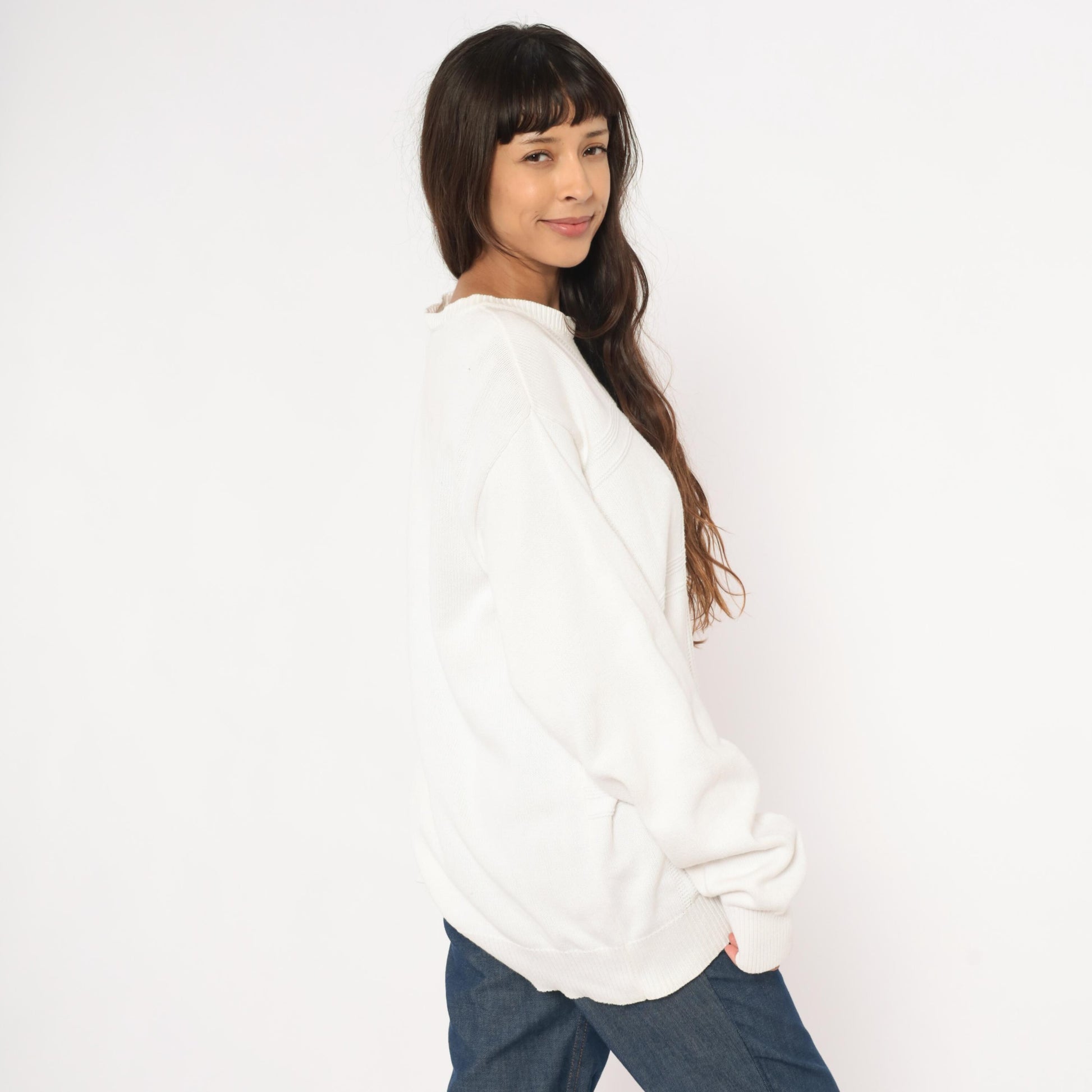 90s Izod Cotton Crewneck Sweater White Windowpane Grid Knit Large L