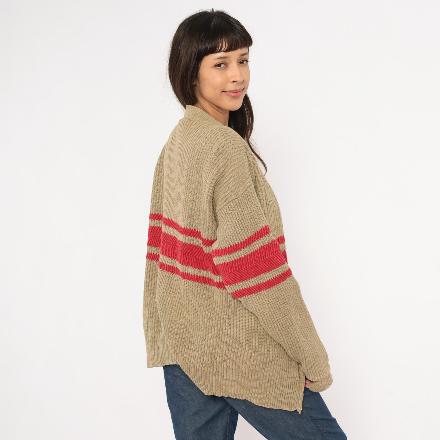 90s GAP Striped Cardigan Tan Red Ribbed Knit Open Front Medium M