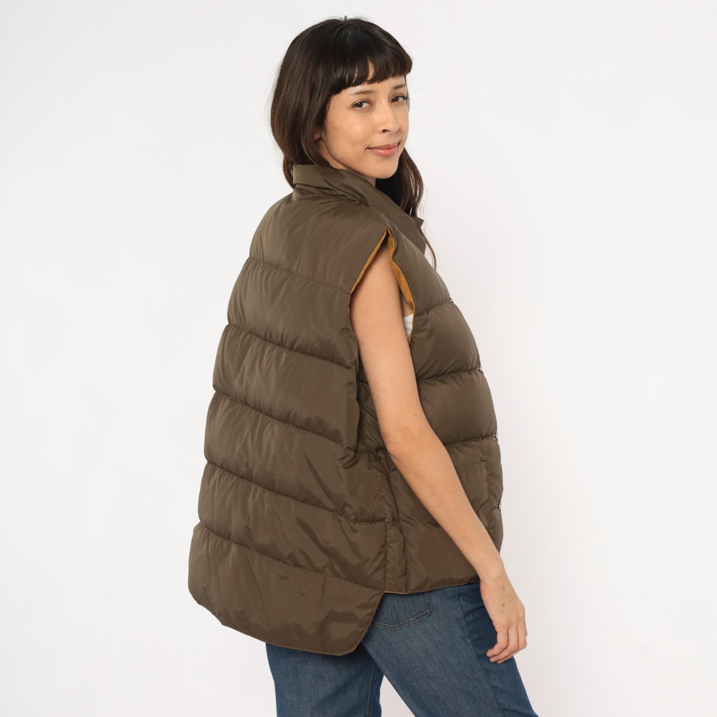 80s Reversible Puffer Vest Brown Mustard Quilted Down Waistcoat Medium