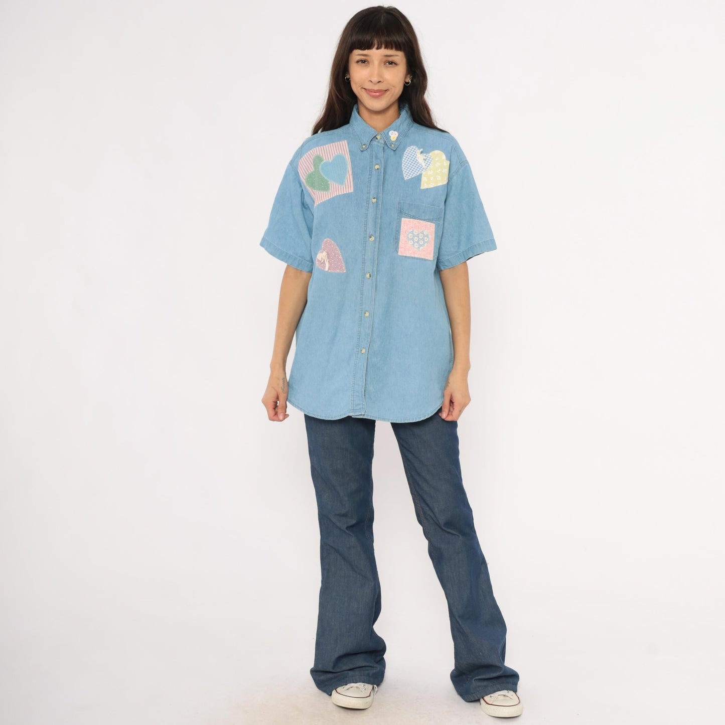 90s Satin Stitches Inc. Patchwork Heart Denim Shirt Light Wash Cotton Medium