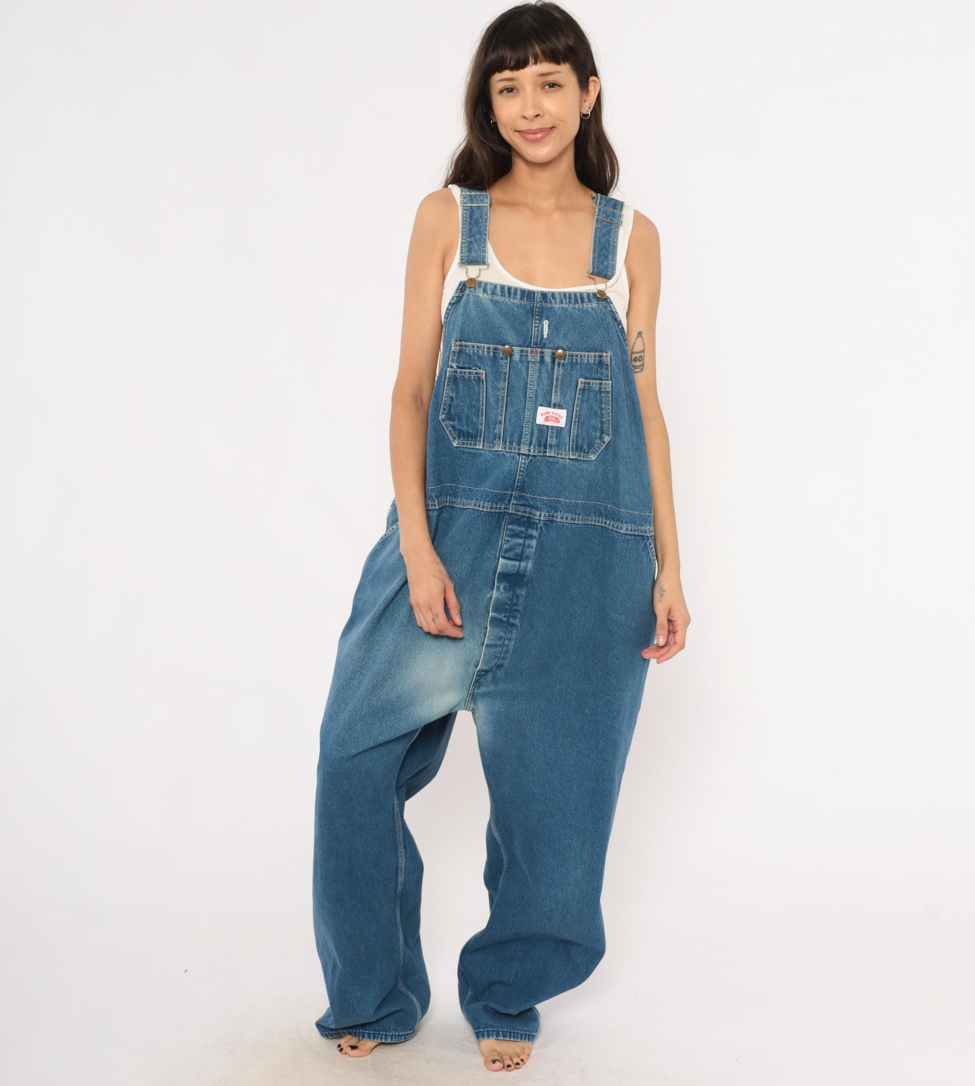 Y2K Roundhouse Denim Bib Overalls Medium Wash Blue Cotton Carpenter 50x30