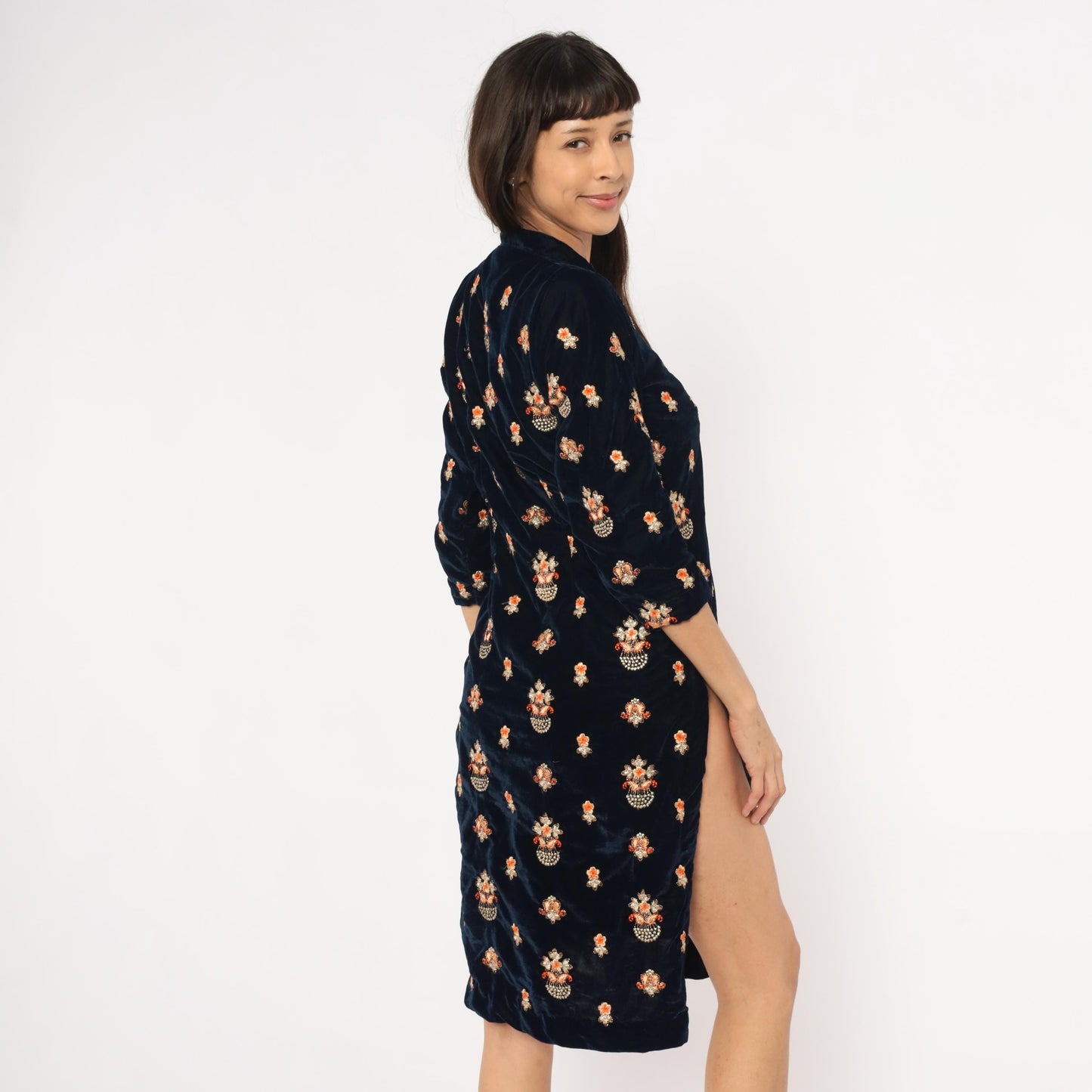 90s Navy Velvet Shift Dress Embroidered Floral Beaded Gold Orange Medium