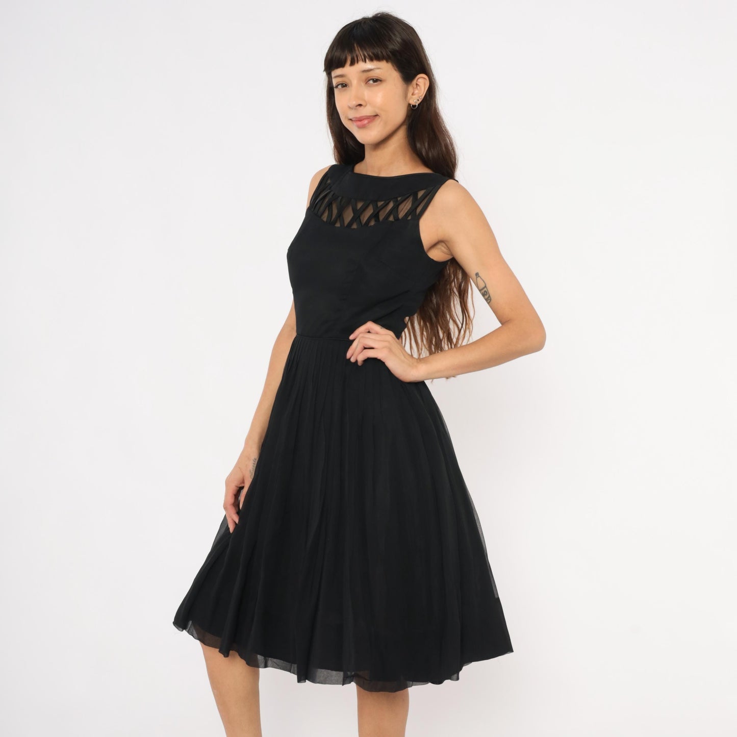 60s Black Chiffon Cocktail Dress Lattice Cutout Boat Neck Small