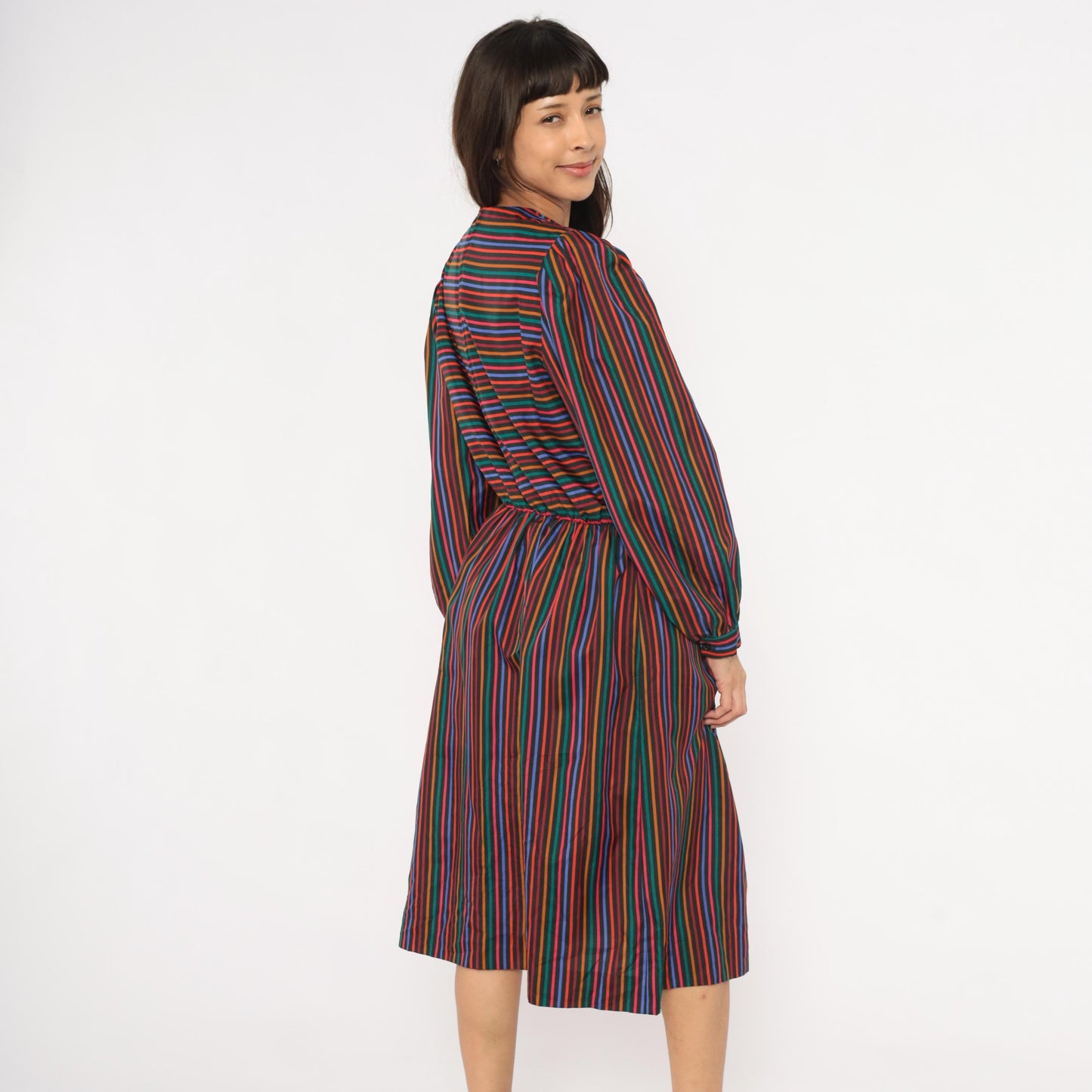 80s DW3 Multicolor Chevron Stripe Dress Puff Sleeve Gathered Waist Large