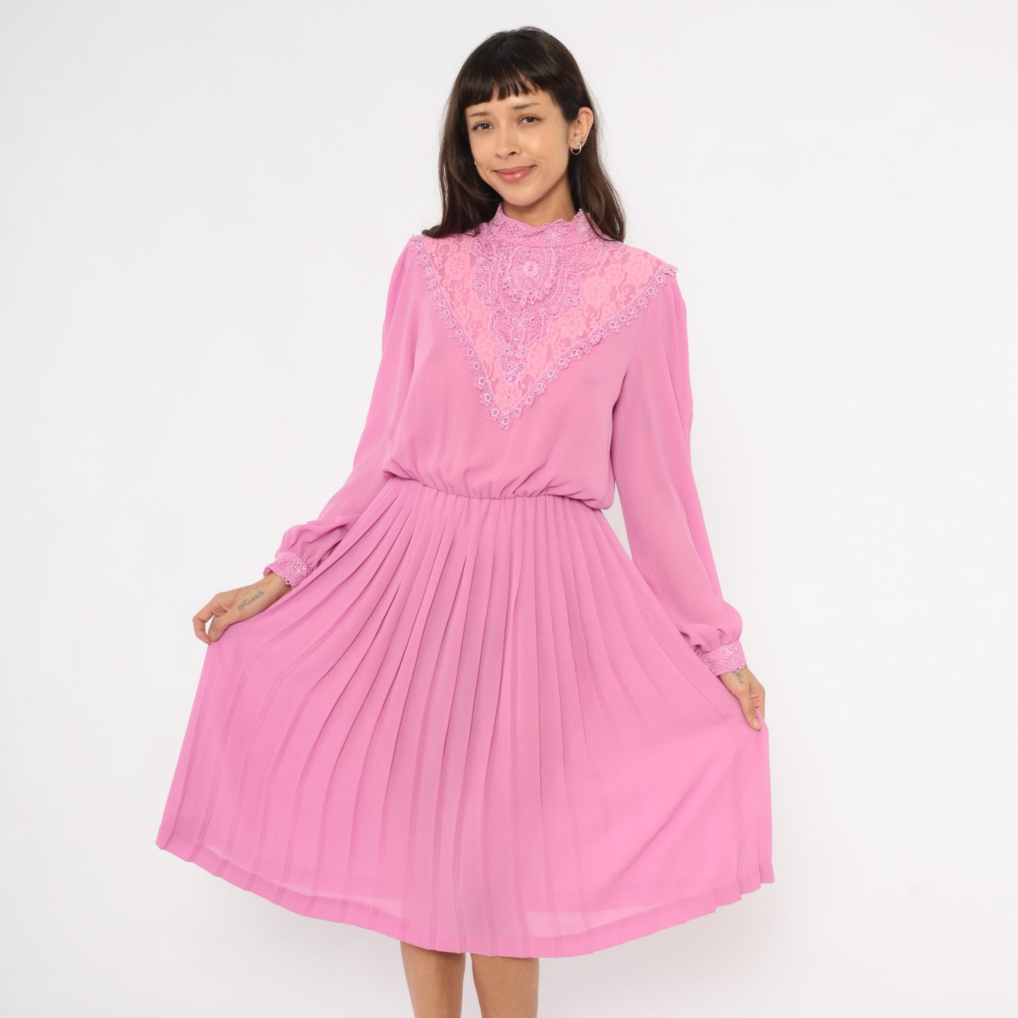 80s Rimini Pink Lace Bib Dress Bishop Sleeve Pleated Skirt Small Medium