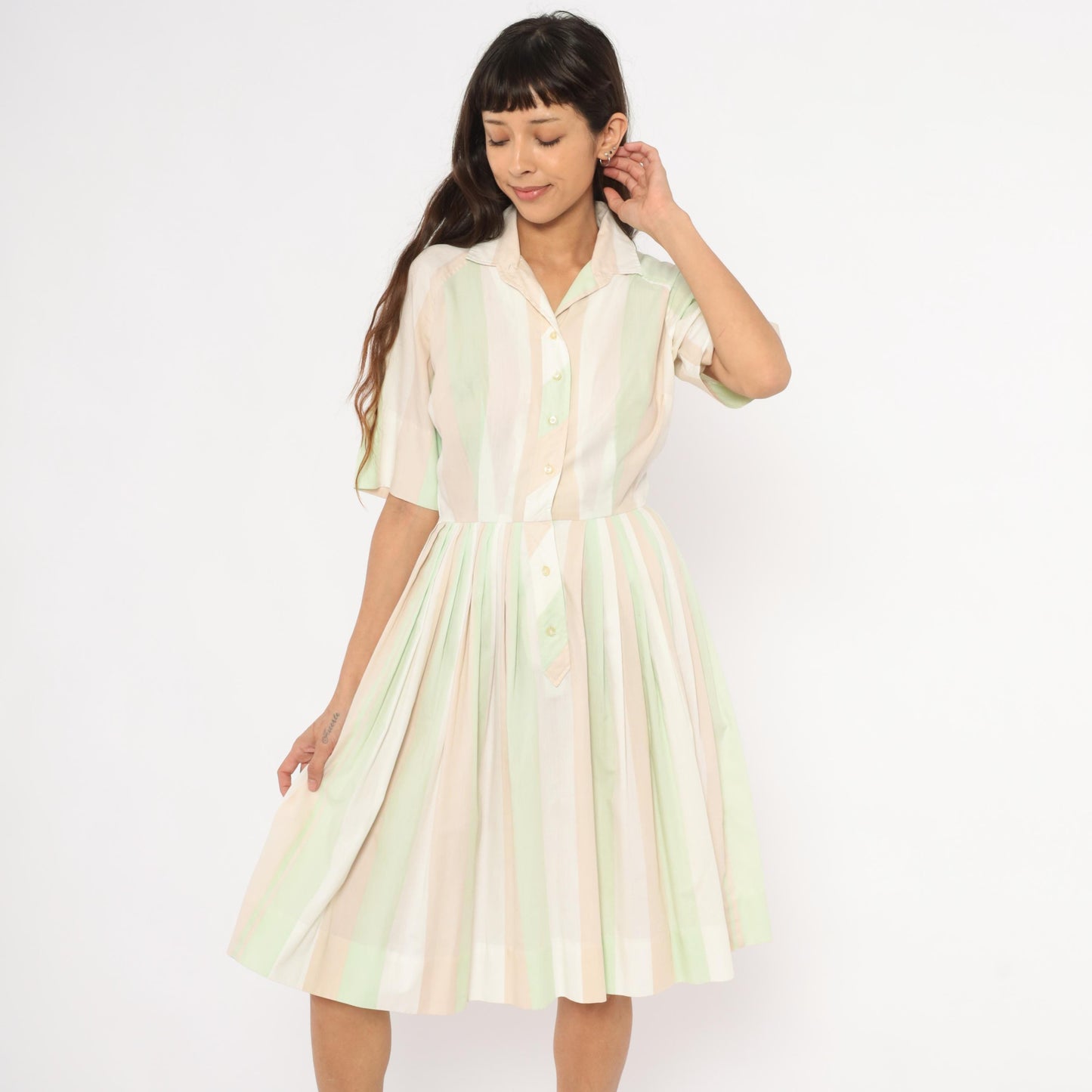 60s Pastel Striped Shirtdress Mint Green Pink Button Front Knee Length Medium
