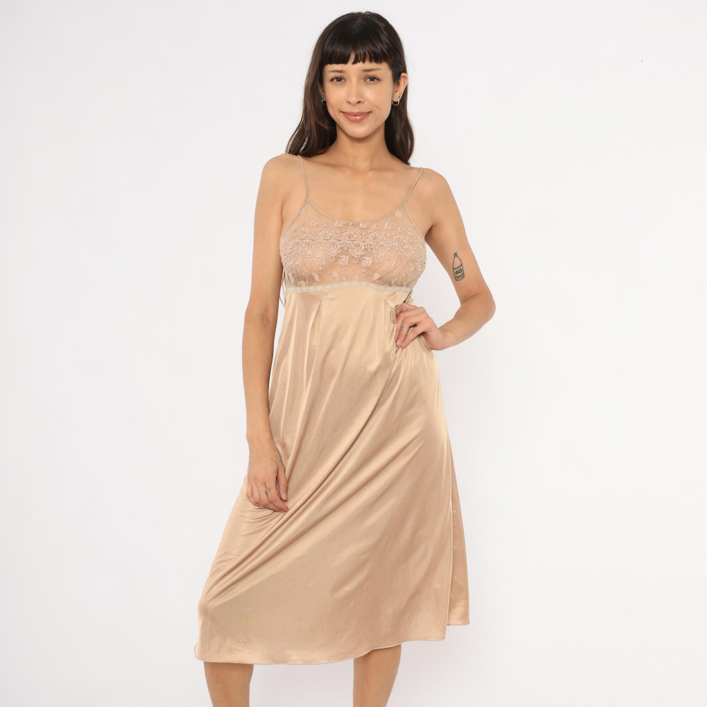 80s Bonny Nude Lace Slip Dress Champagne Satin Midi Empire Waist Small