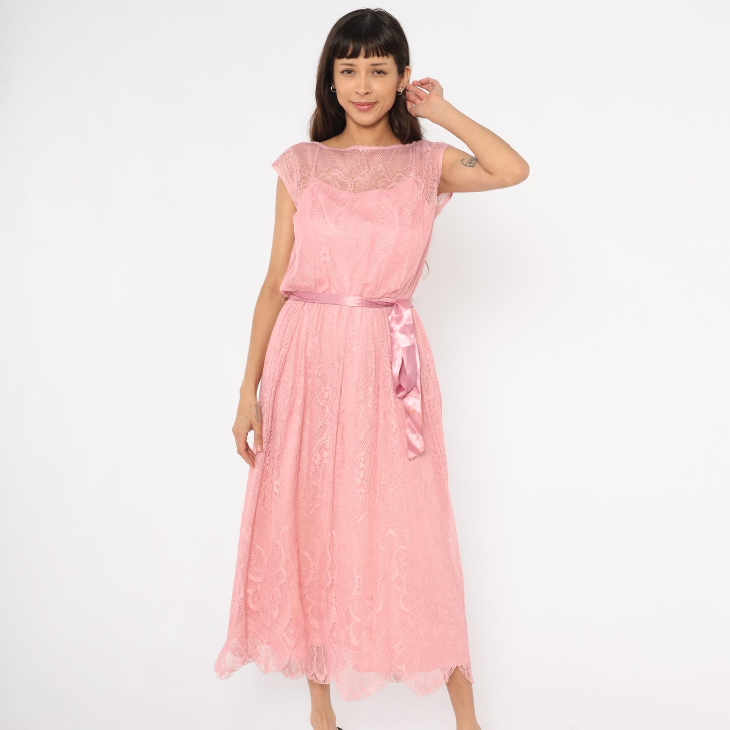 80s Rose Pink Lace Midi Dress Cap Sleeve Scalloped Hem Small S