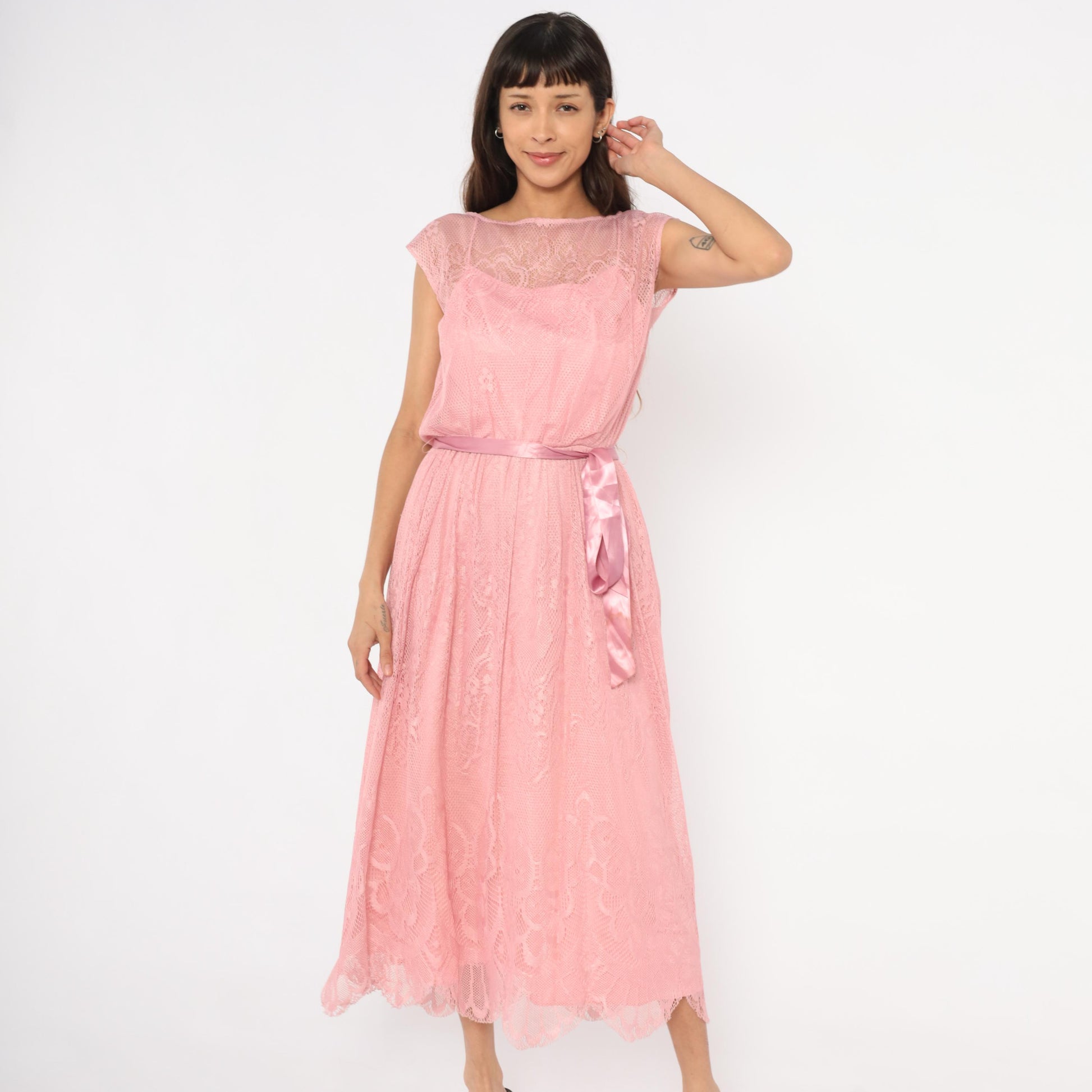 80s Rose Pink Lace Midi Dress Cap Sleeve Scalloped Hem Small S
