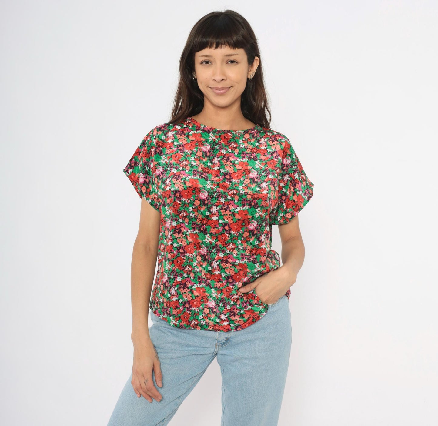 90s Jennifer Lloyd Floral Blouse Red Green Garden Print Cap Sleeve Medium