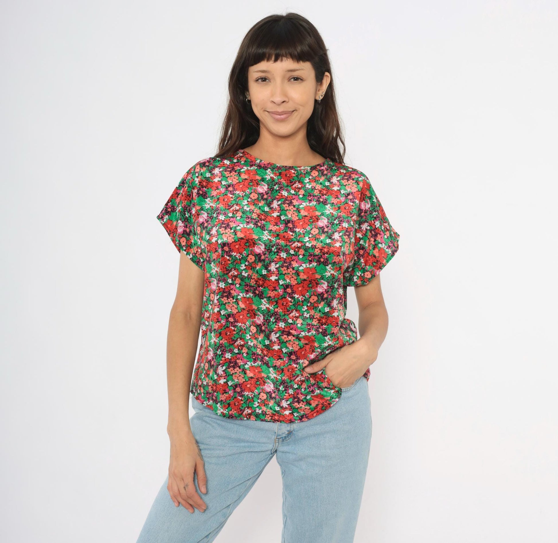 90s Jennifer Lloyd Floral Blouse Red Green Garden Print Cap Sleeve Medium