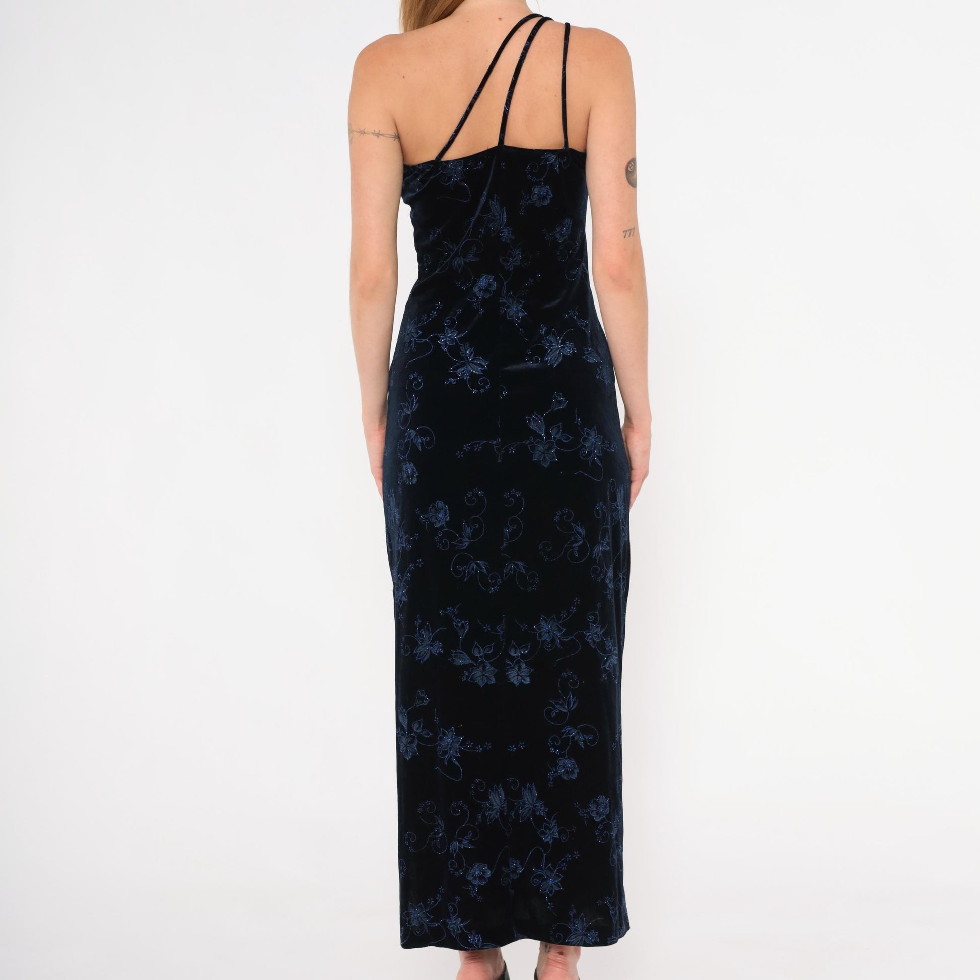 90s Pulse Navy Velvet Maxi Gown One-Shoulder Glitter Floral Asymmetric Slit Large L