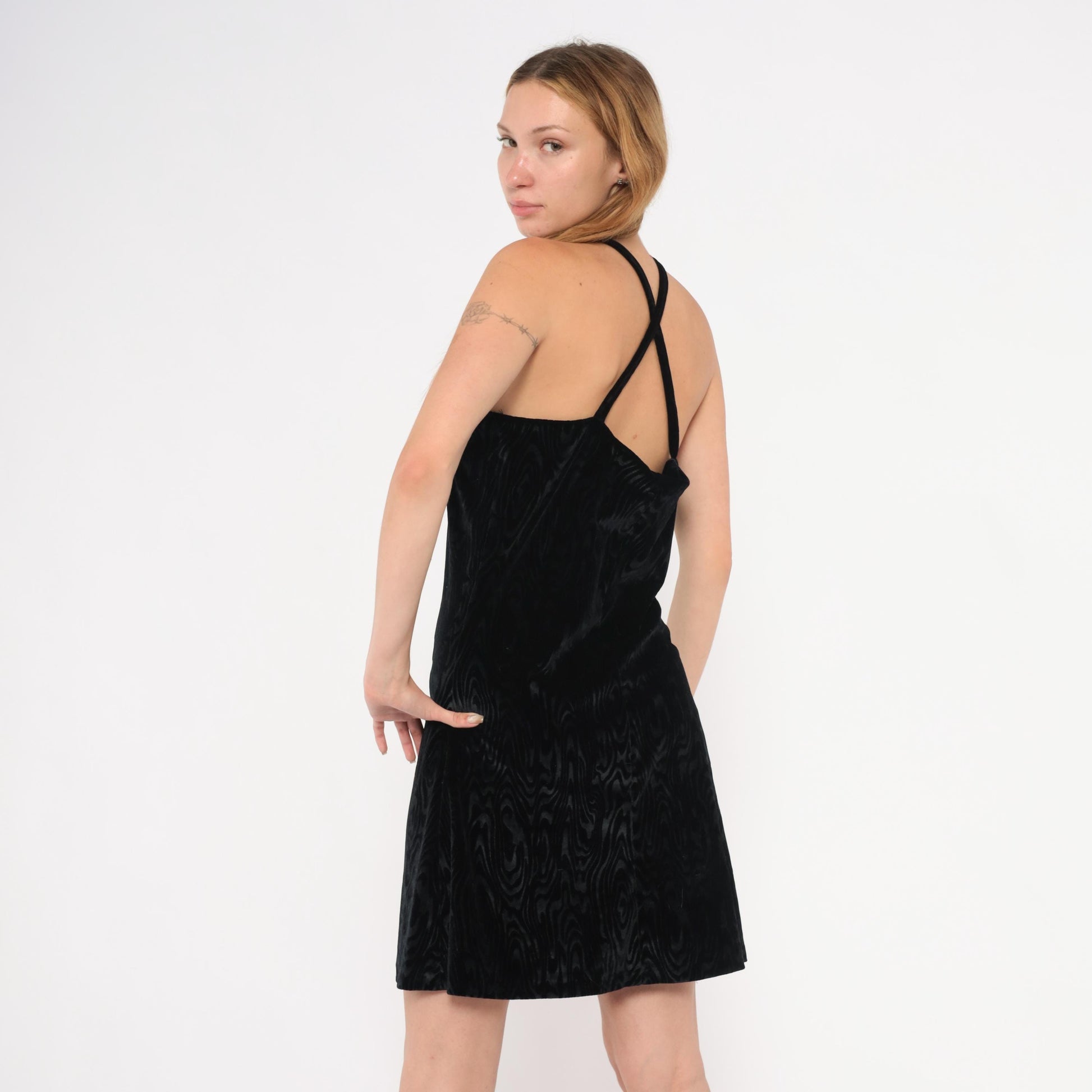 90s Mimosa Black Velvet Halter Mini Dress Swirl Pattern Small