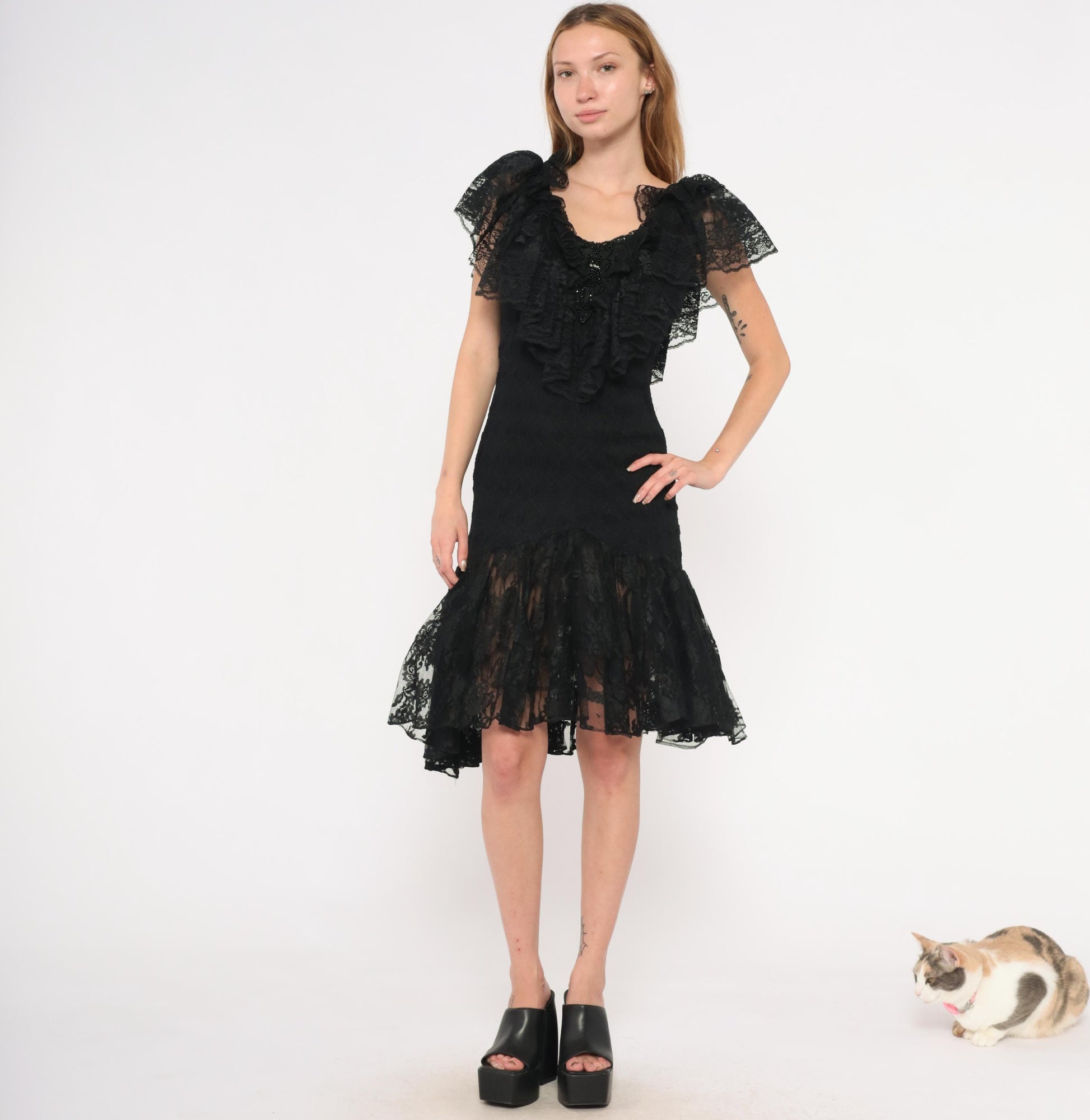 90s Lou Gene's Black Lace Dress Flutter Sleeve Open Back Knee-Length Small S