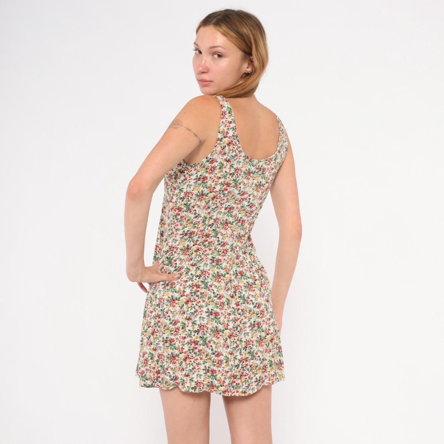 90s ViaMax Floral Mini Dress Button Front Tank Cream Rose Print Small S