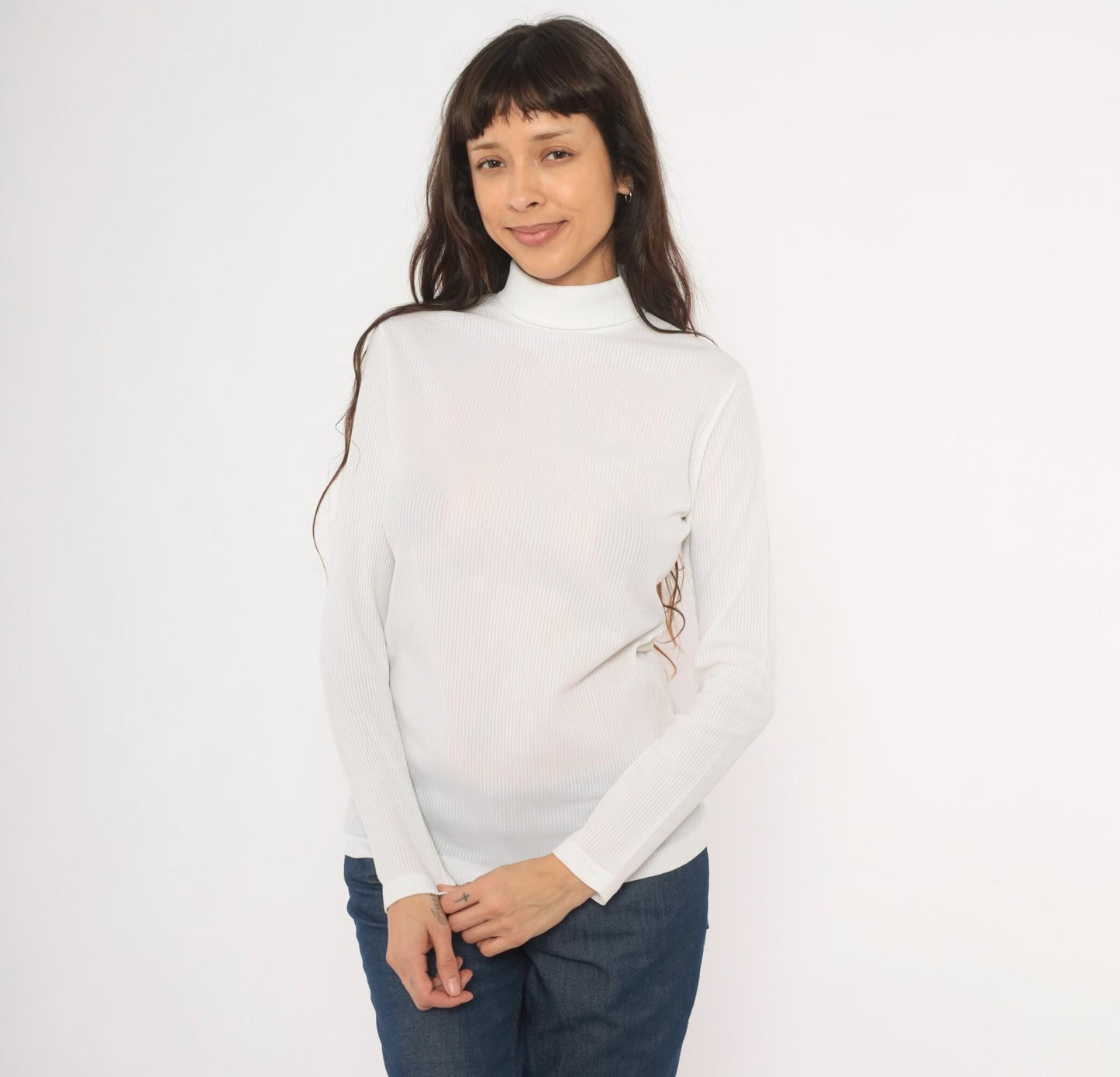 70s White Ribbed Mock Neck Top Long Sleeve Fitted Knit Zip Back Small
