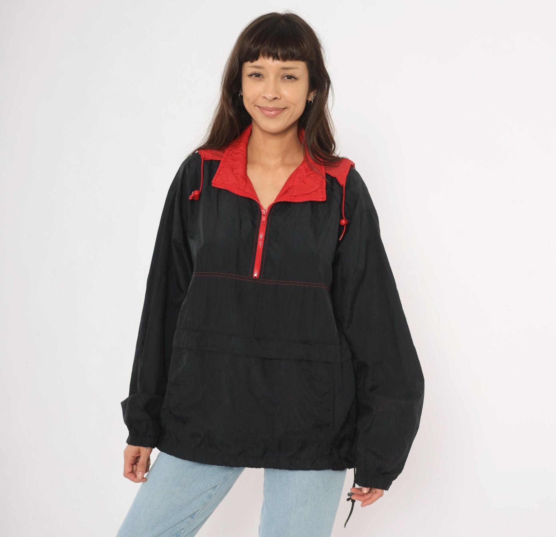 90s Black Red Colorblock Anorak Windbreaker Pullover Jacket Medium M