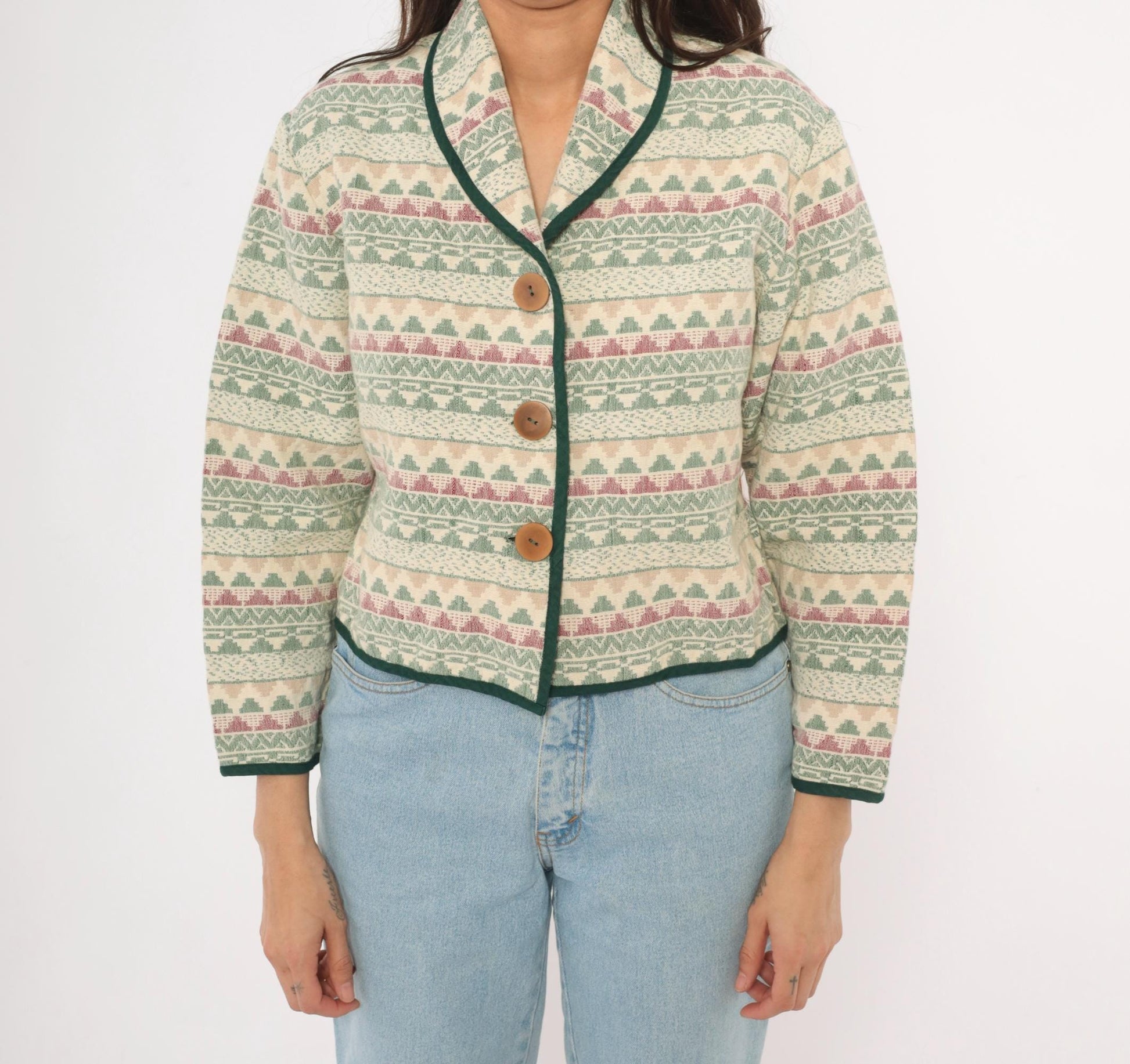 90s Southwest Canyon Tapestry Jacket Cropped Cream Sage Geometric Wooden Button Large L