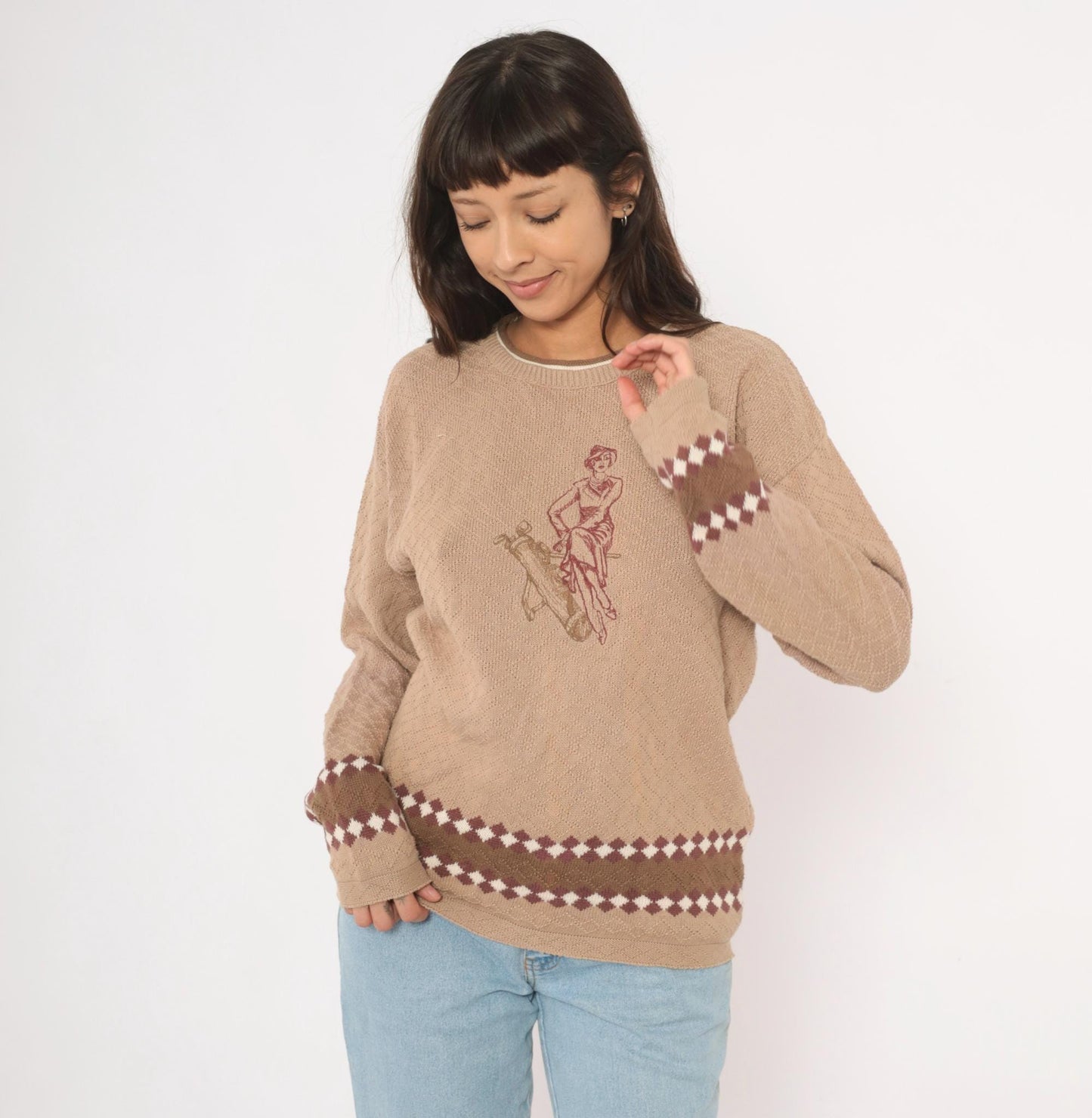 80s Pacific Coast Golf Embroidered Argyle Sweater Tan Crewneck Cotton Medium M