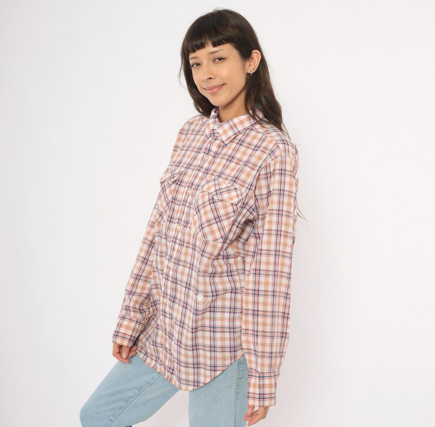 80s Levi Strauss Plaid Flannel Shirt White Navy Red Cotton Large L