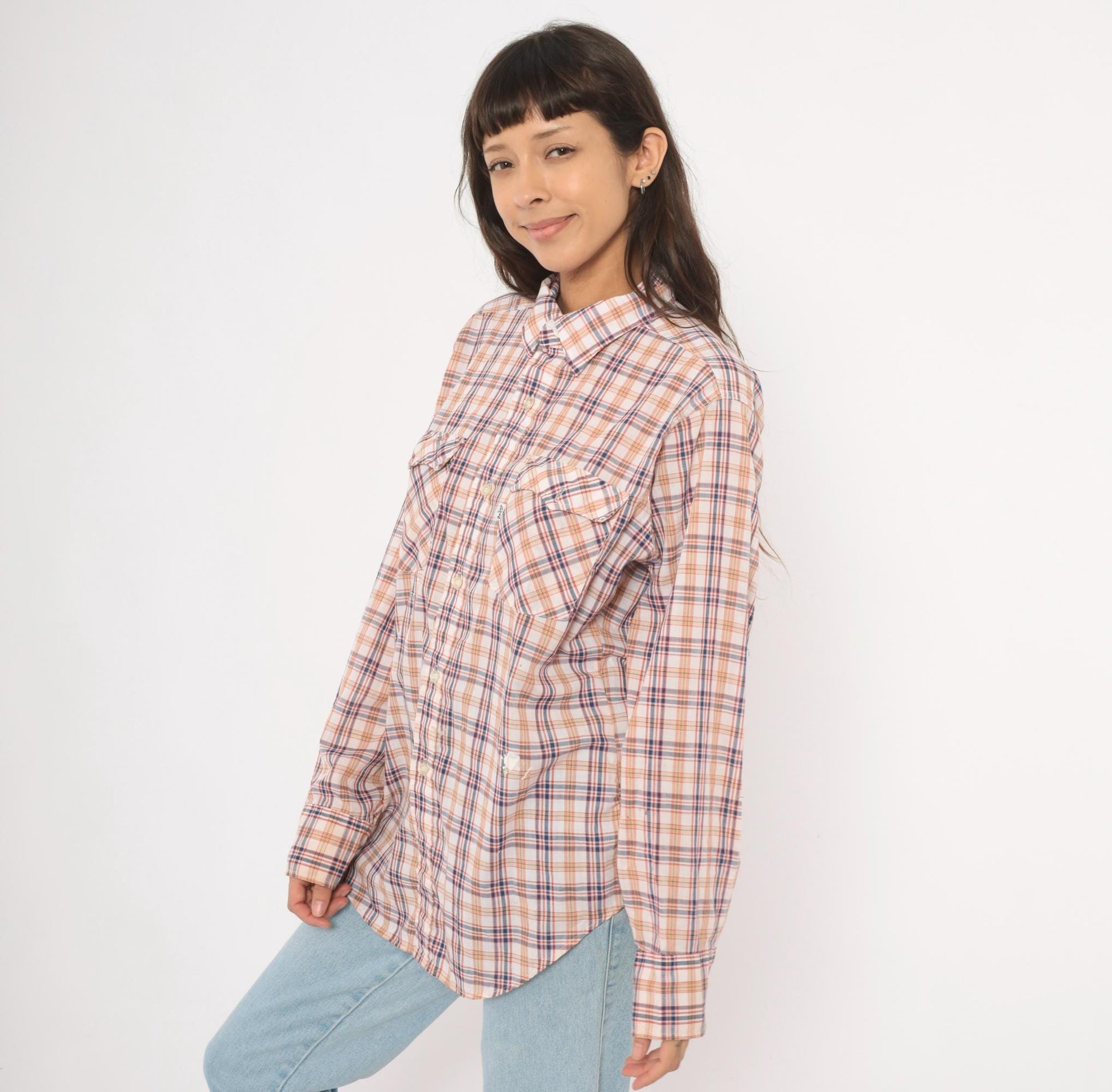 80s Levi Strauss Plaid Flannel Shirt White Navy Red Cotton Large L