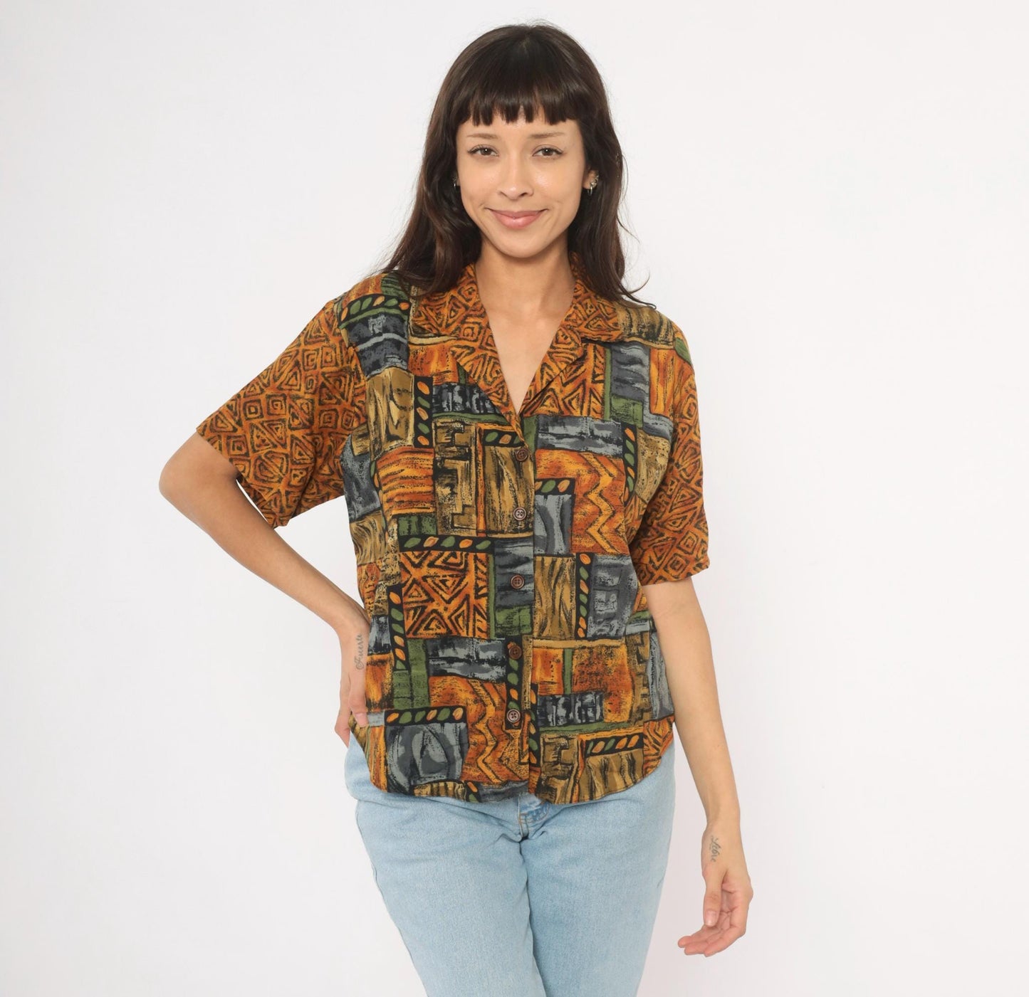 90s Tribal Patchwork Camp Collar Shirt Mustard Olive Slate Large L