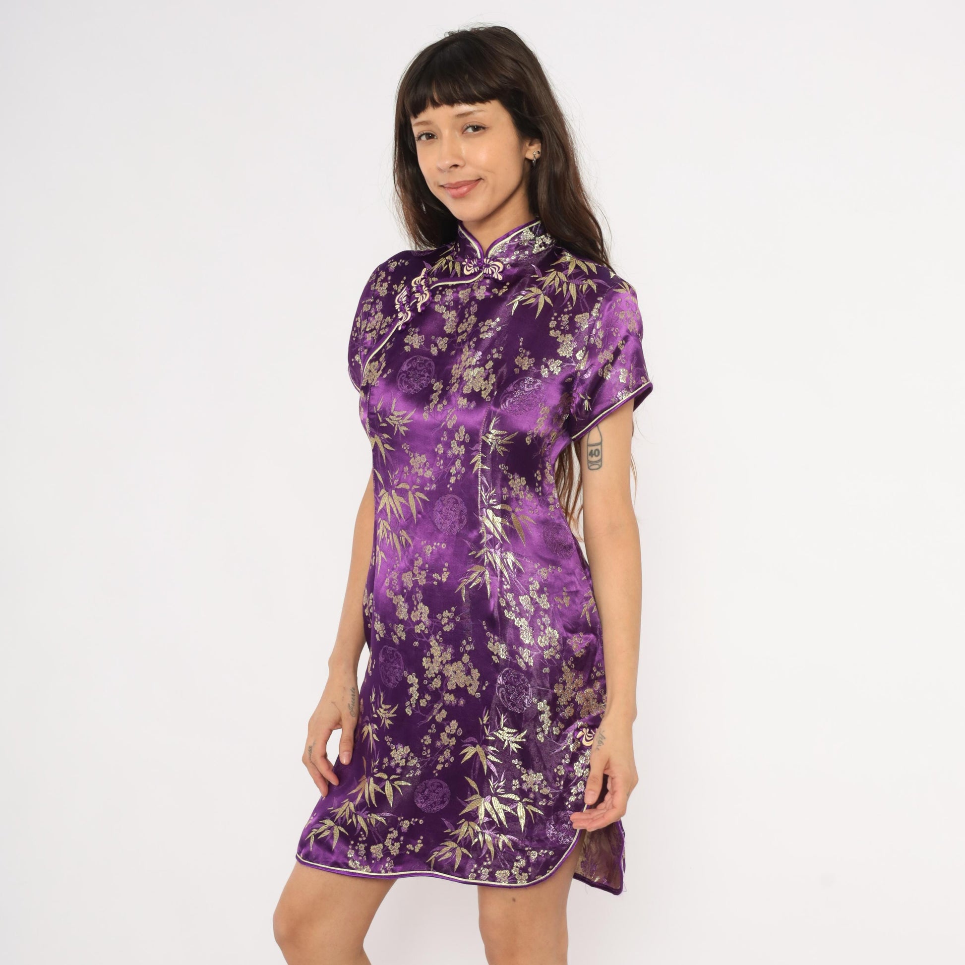 2000s Purple Gold Brocade Cheongsam Mandarin Collar Cap Sleeve Mini Small S